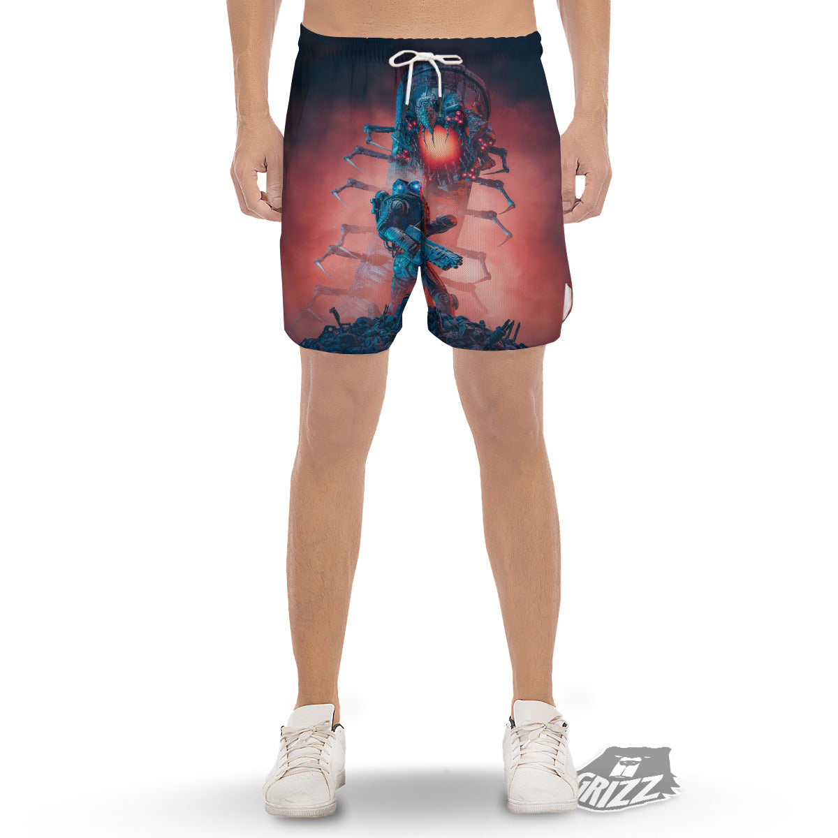 Hunting Alien Worm Print Men's Gym Shorts-grizzshop