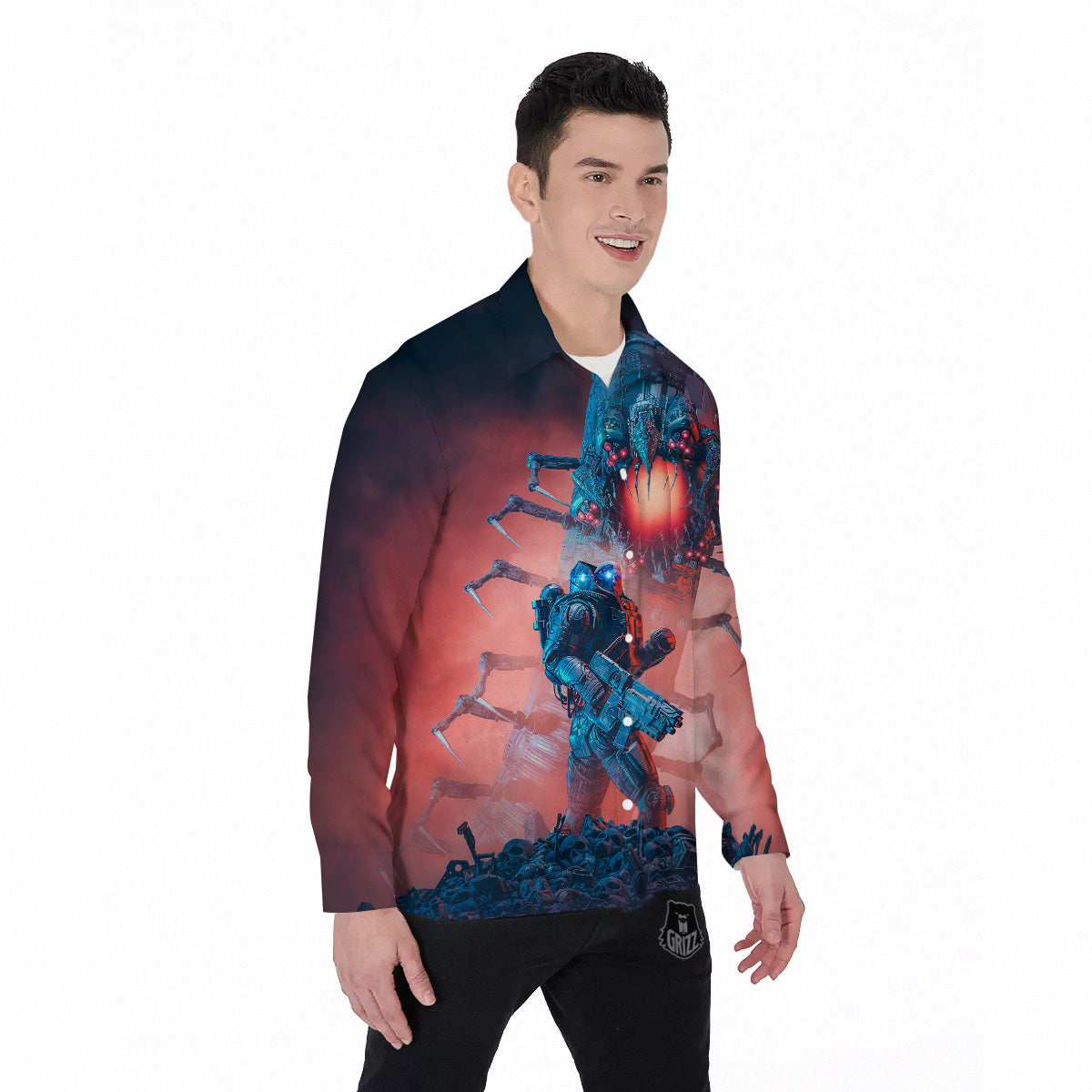Hunting Alien Worm Print Men's Long Sleeve Shirts-grizzshop