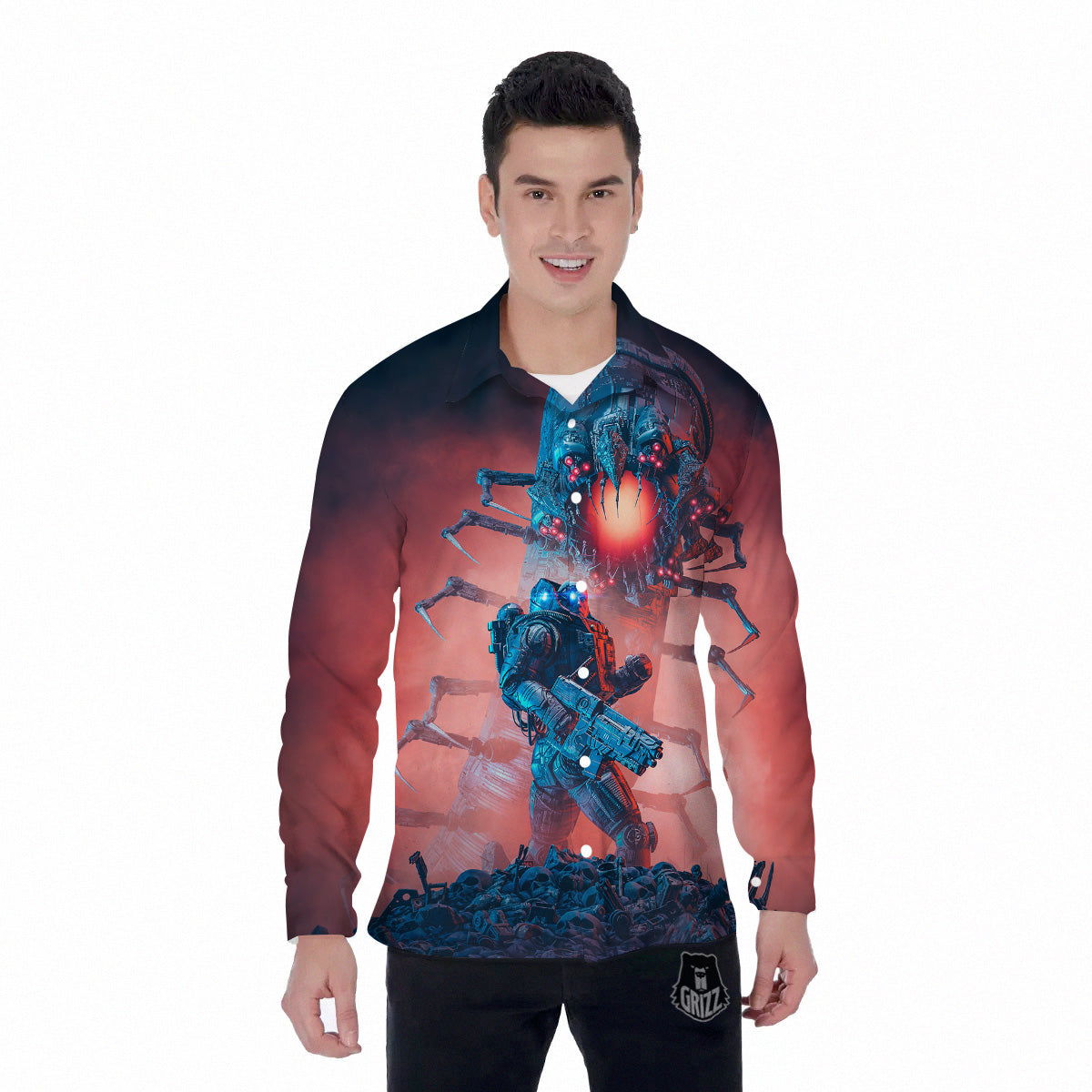 Hunting Alien Worm Print Men's Long Sleeve Shirts-grizzshop