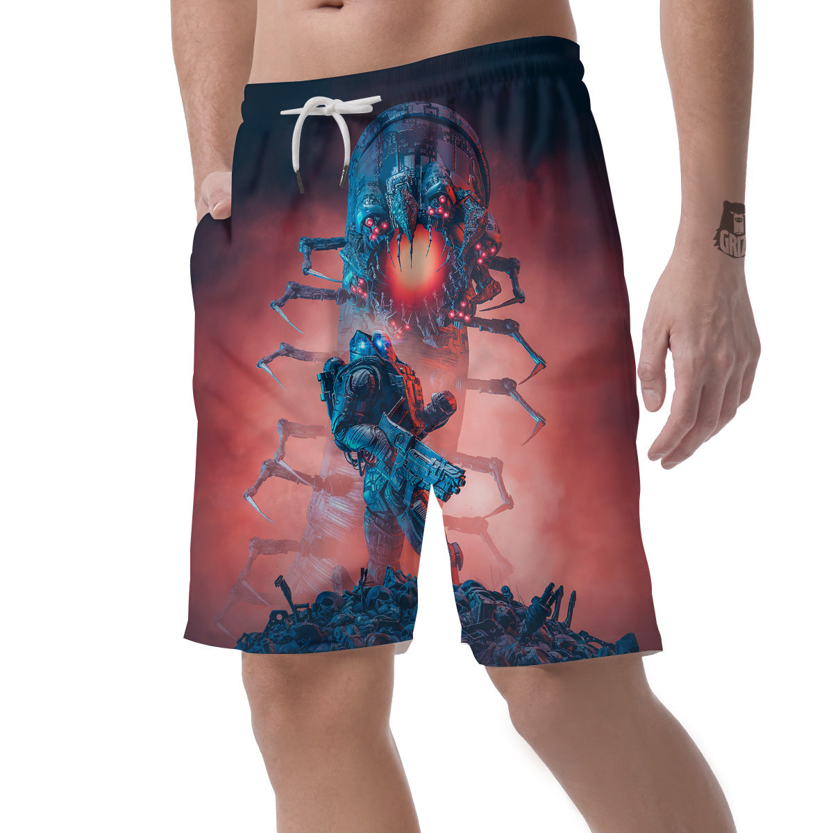 Hunting Alien Worm Print Men's Shorts-grizzshop