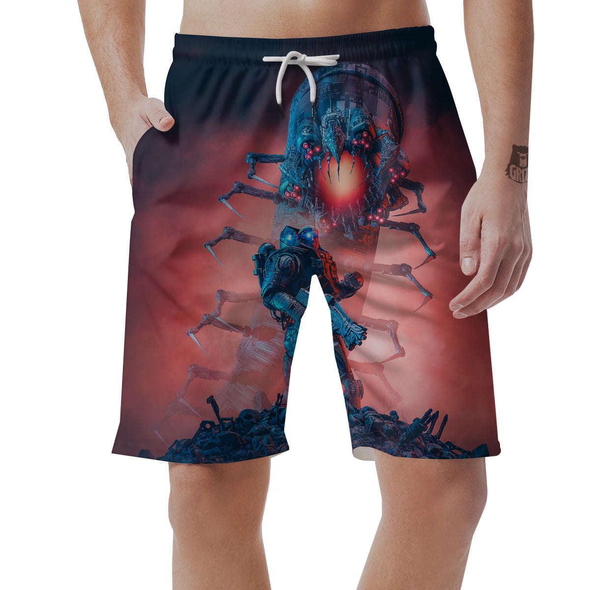 Hunting Alien Worm Print Men's Shorts-grizzshop