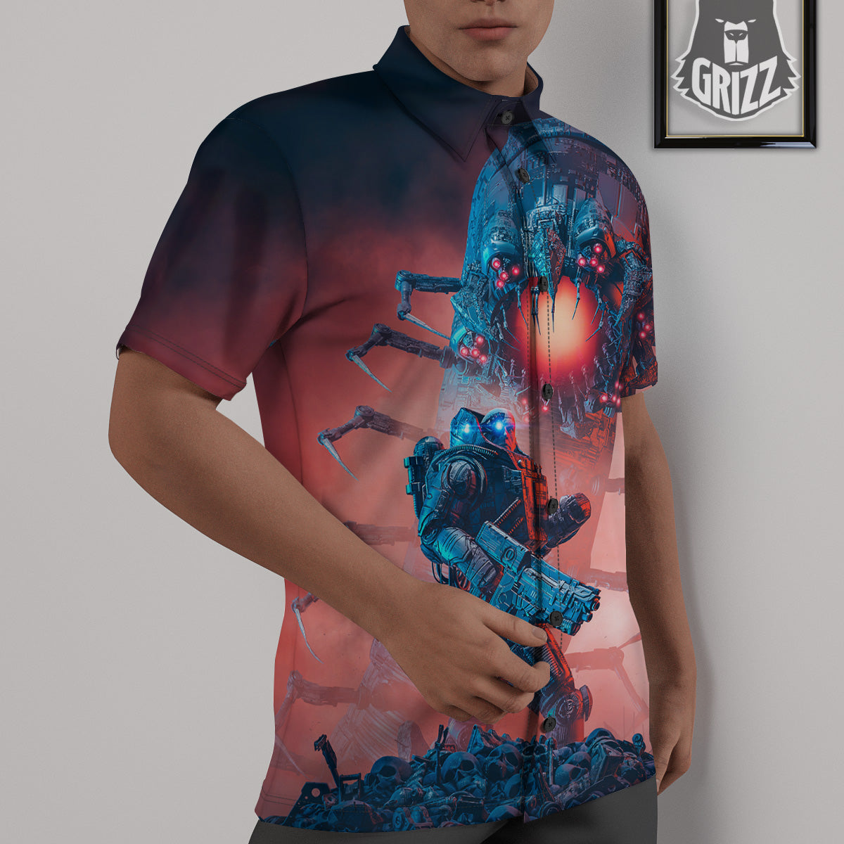 Hunting Alien Worm Print Untucked Shirts-grizzshop