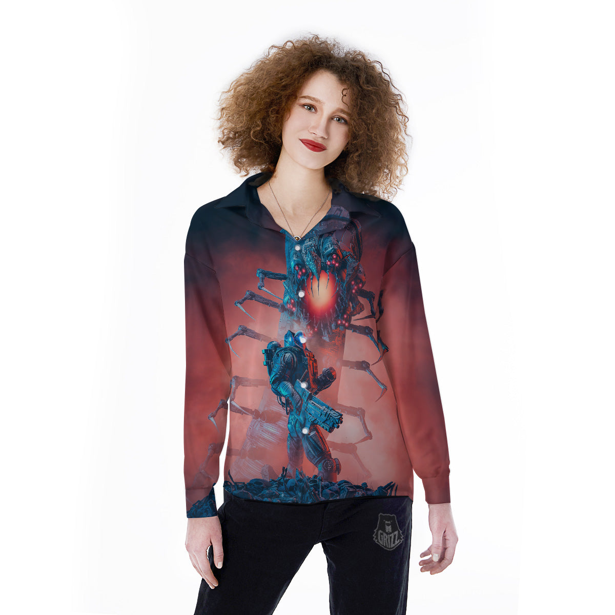 Hunting Alien Worm Print Women's Long Sleeve Shirts-grizzshop