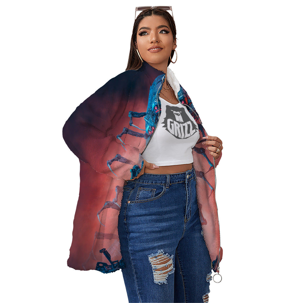 Hunting Alien Worm Print Women's Sherpa Jacket-grizzshop