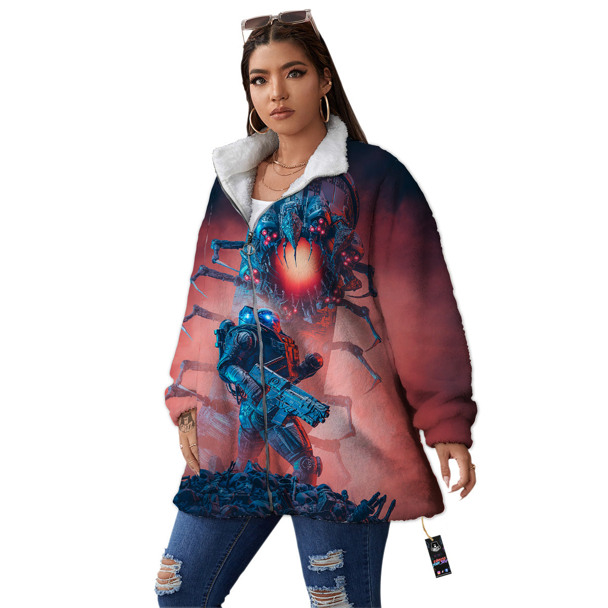 Hunting Alien Worm Print Women's Sherpa Jacket-grizzshop