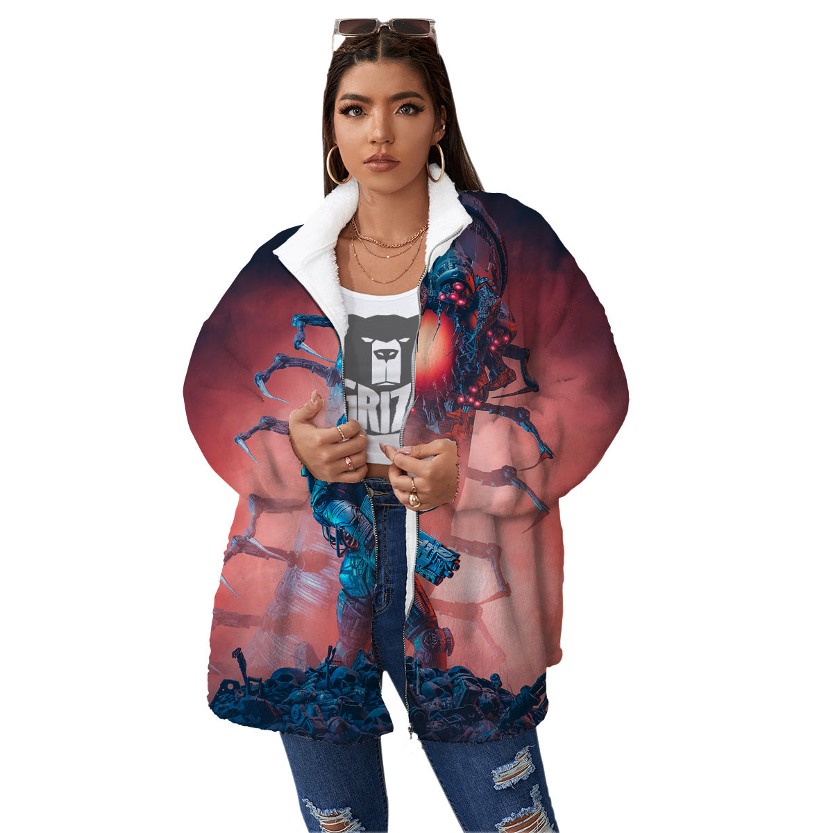 Hunting Alien Worm Print Women's Sherpa Jacket-grizzshop