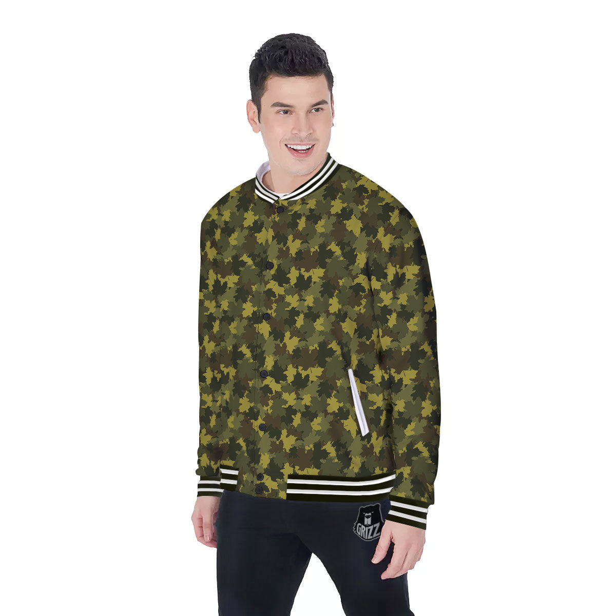 Hunting Camouflage Fall Leaves Print Baseball Jacket-grizzshop