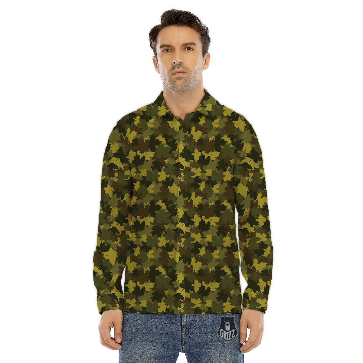 Hunting Camouflage Fall Leaves Print Men's Dress Shirts-grizzshop