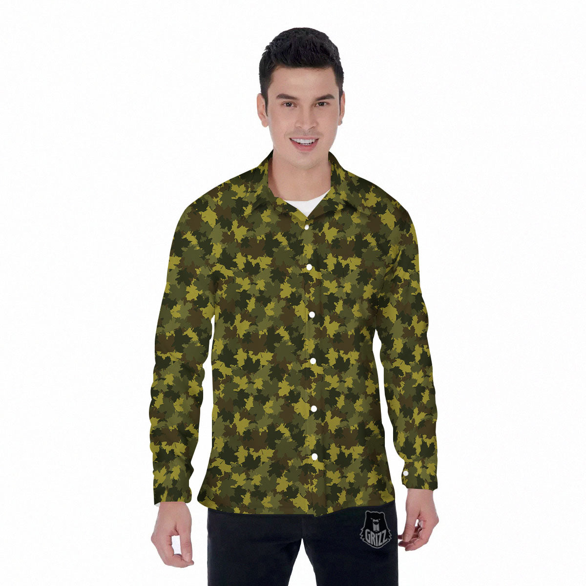 Hunting Camouflage Fall Leaves Print Men's Long Sleeve Shirts-grizzshop