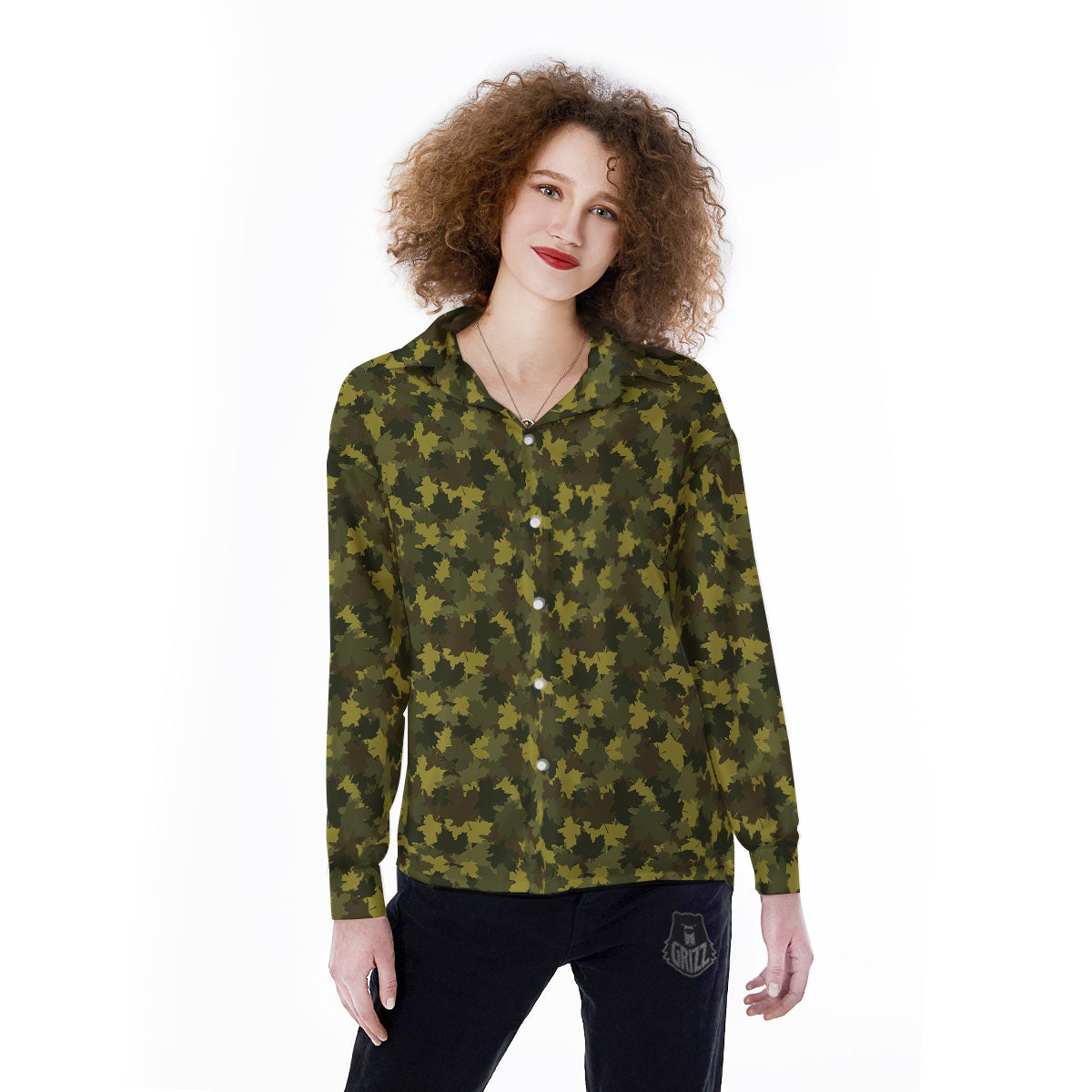 Hunting Camouflage Fall Leaves Print Women's Long Sleeve Shirts-grizzshop