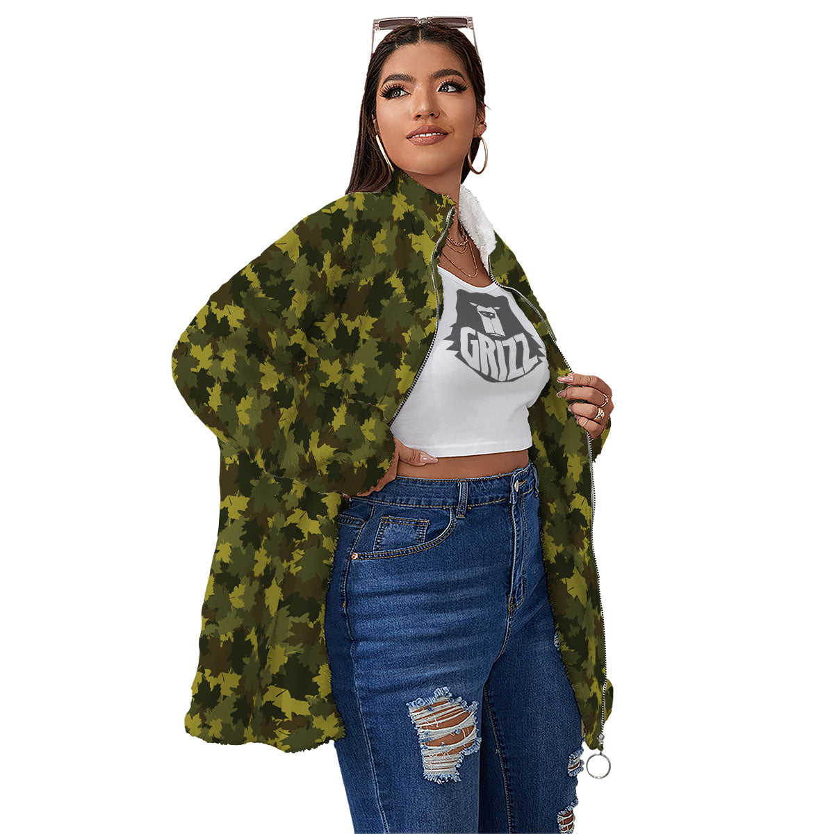 Hunting Camouflage Fall Leaves Print Women's Sherpa Jacket-grizzshop