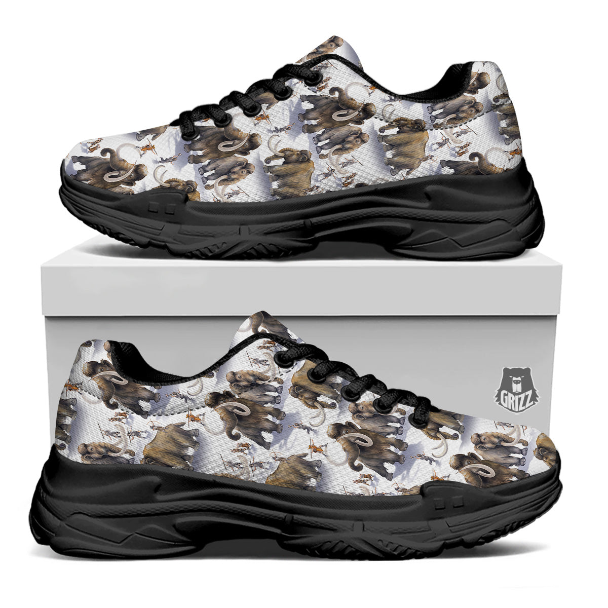 Hunting Mammoth Print Pattern Black Chunky Shoes-grizzshop