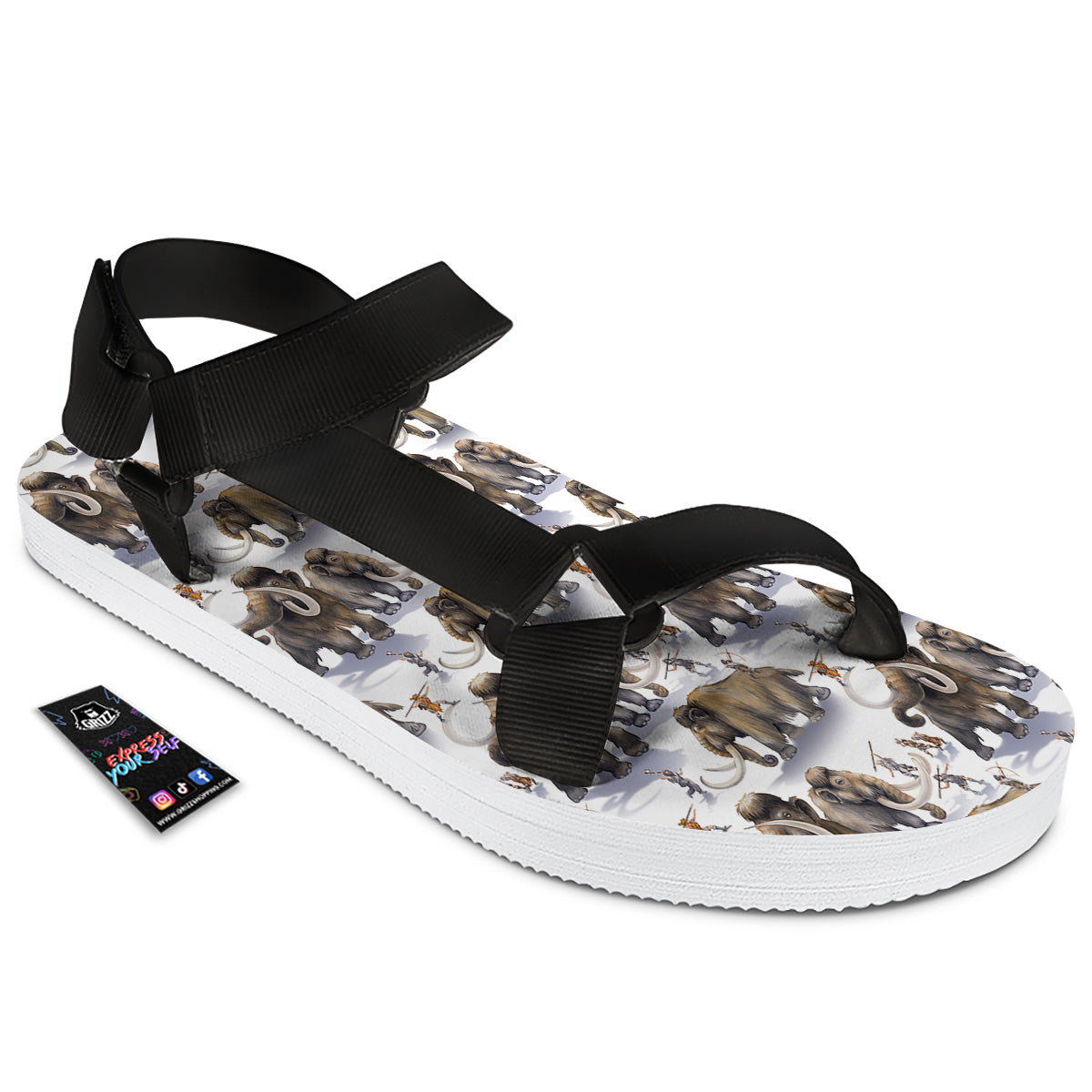 Hunting Mammoth Print Pattern Black Open Toe Sandals-grizzshop