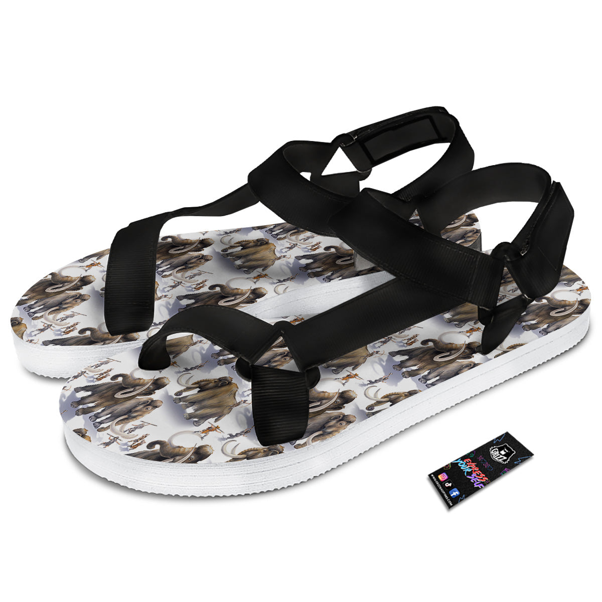 Hunting Mammoth Print Pattern Black Open Toe Sandals-grizzshop