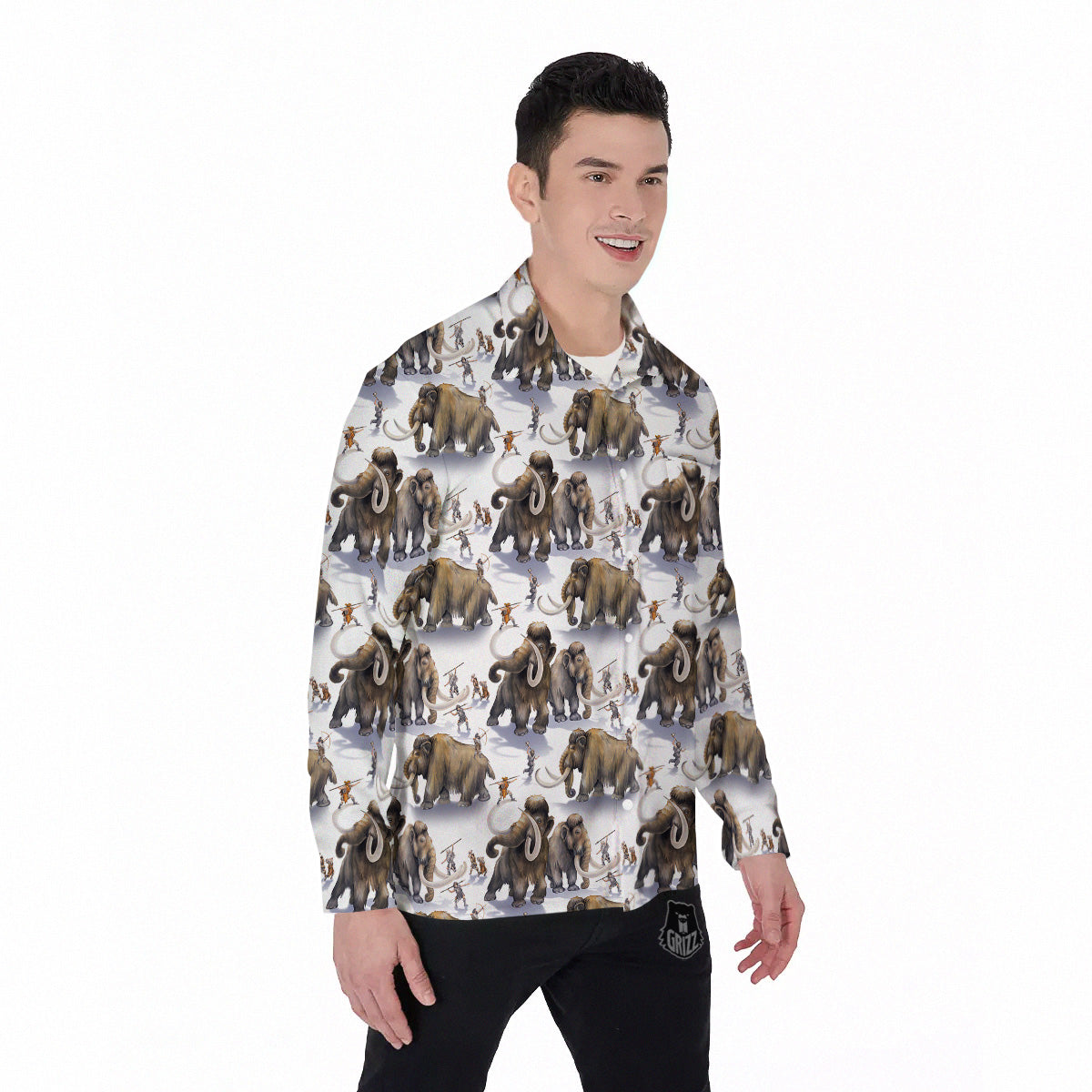 Hunting Mammoth Print Pattern Men's Long Sleeve Shirts-grizzshop