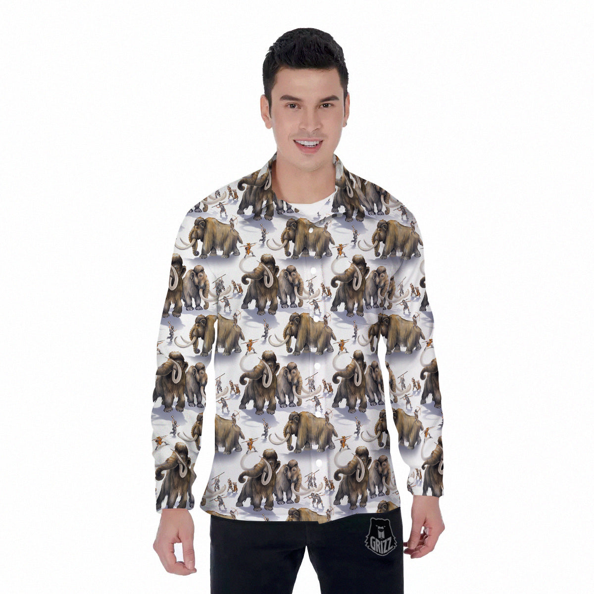 Hunting Mammoth Print Pattern Men's Long Sleeve Shirts-grizzshop