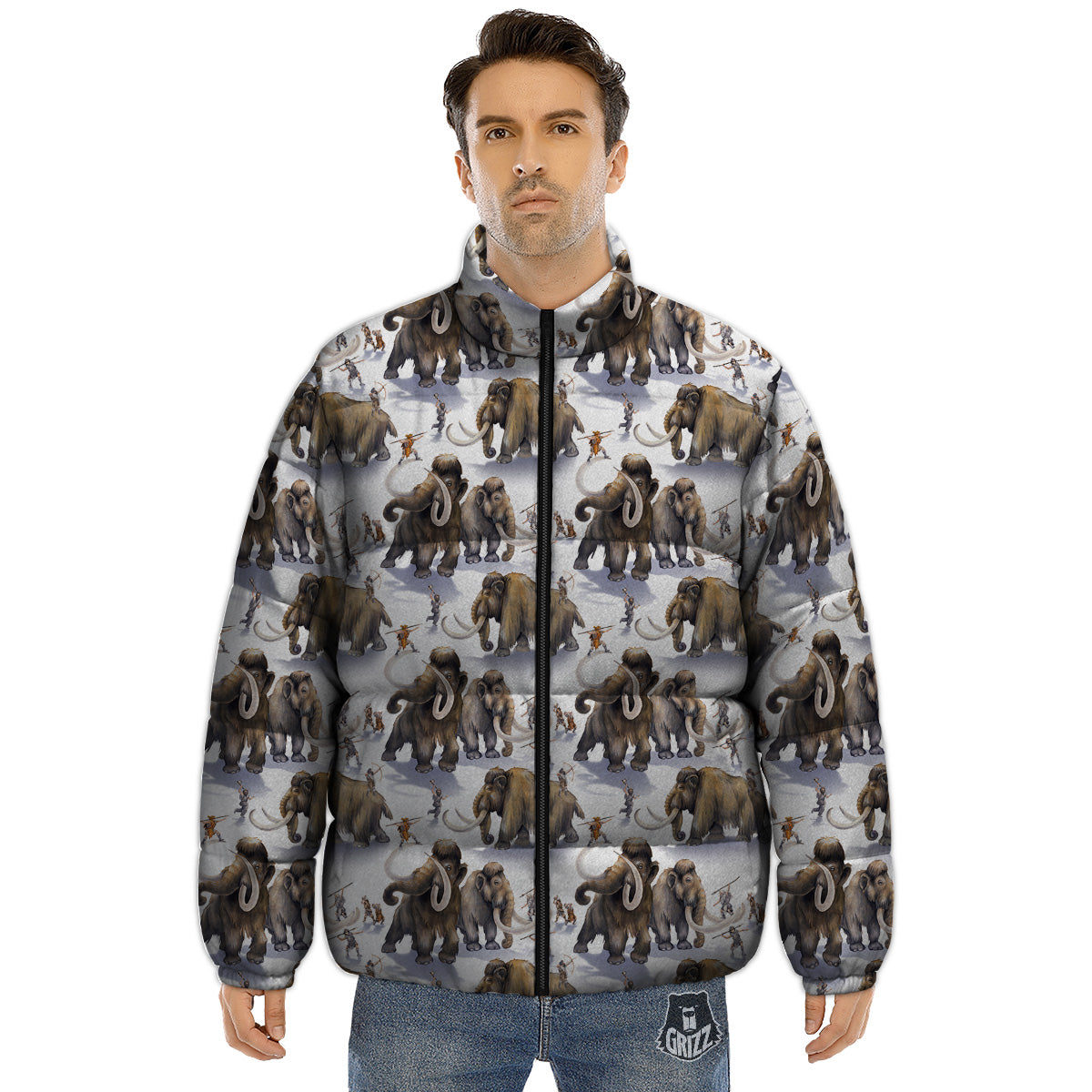 Hunting Mammoth Print Pattern Puffer Jacket-grizzshop