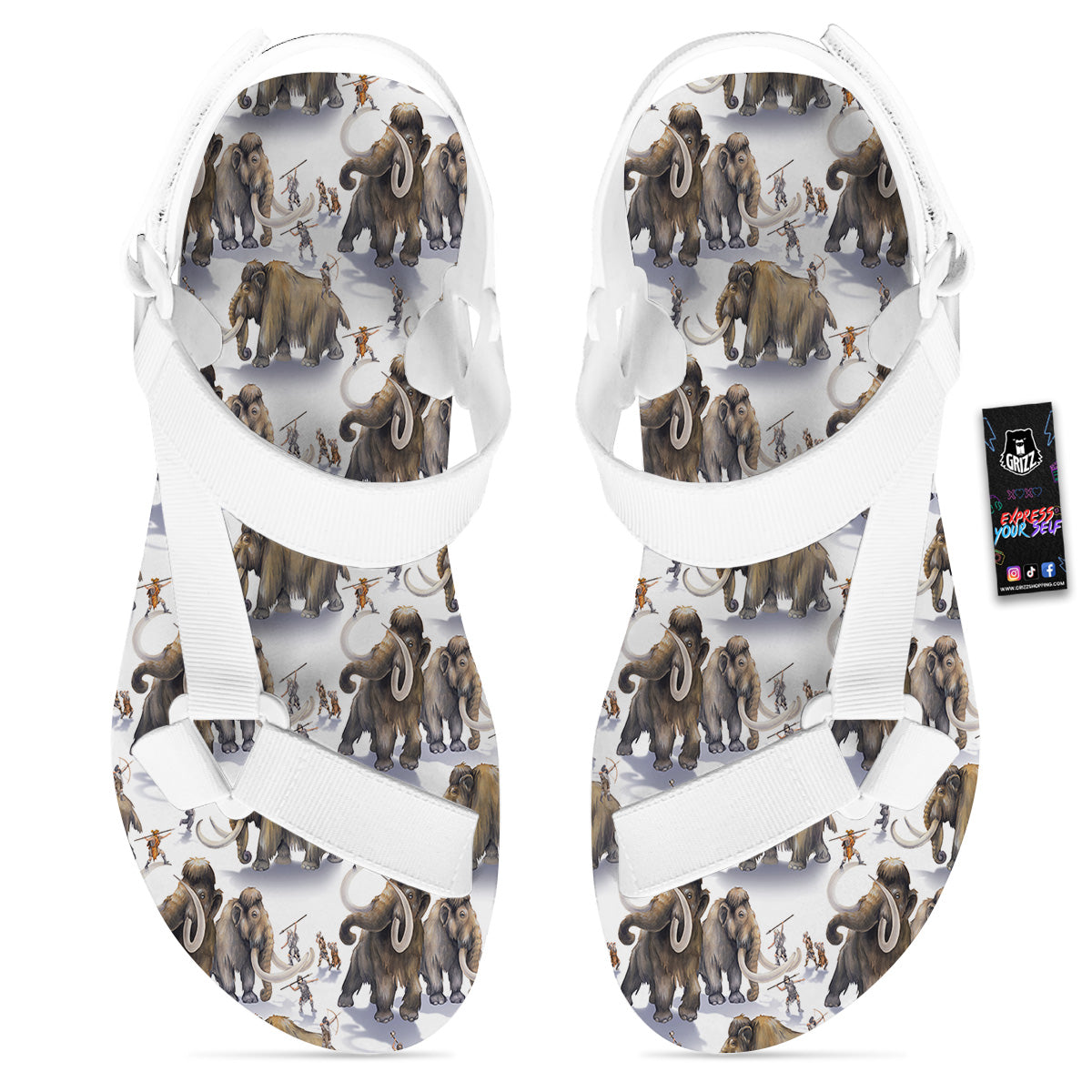 Hunting Mammoth Print Pattern White Open Toe Sandals-grizzshop