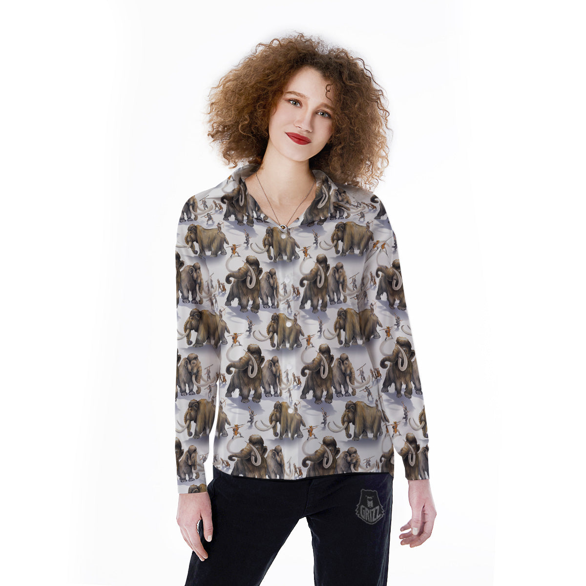 Hunting Mammoth Print Pattern Women's Long Sleeve Shirts-grizzshop