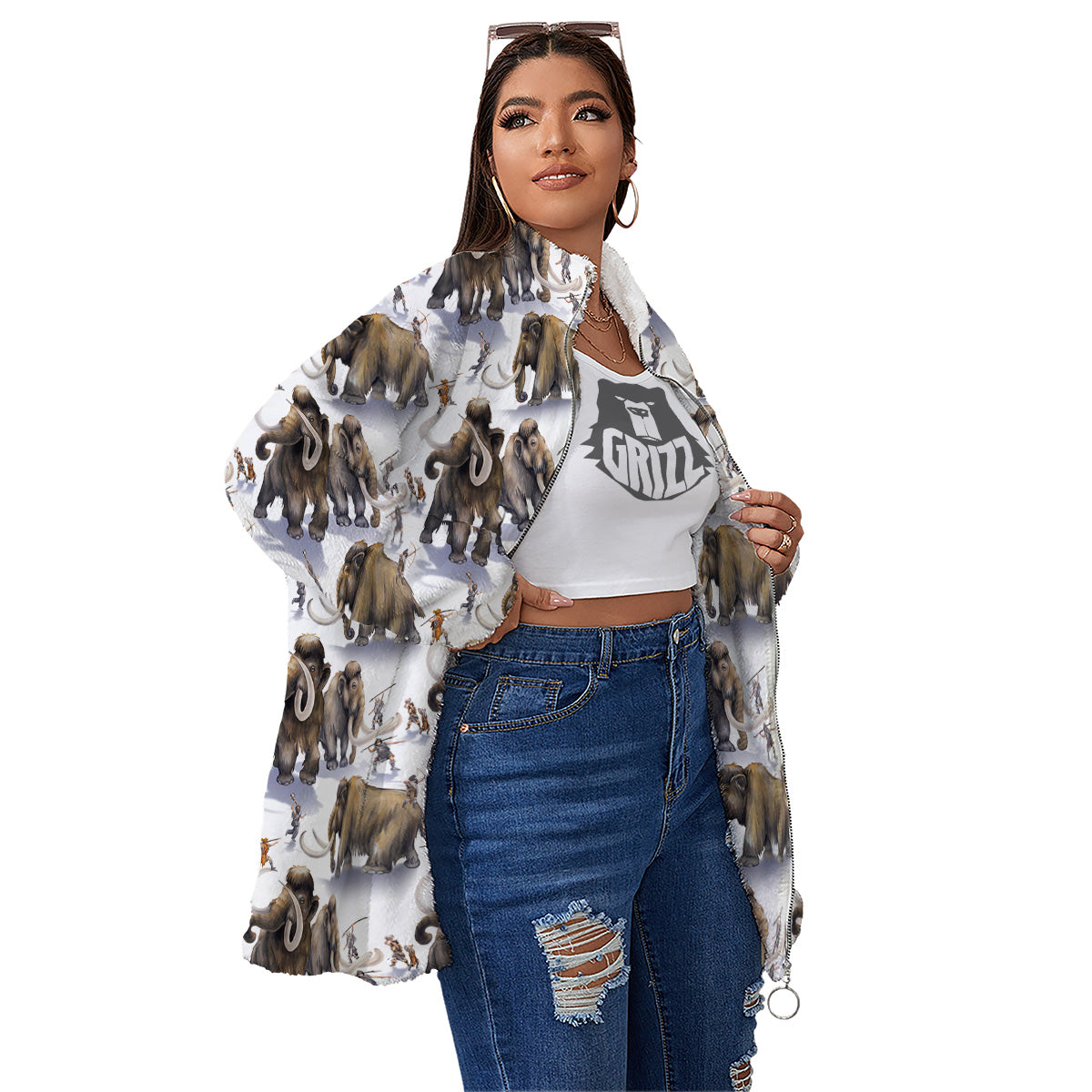 Hunting Mammoth Print Pattern Women's Sherpa Jacket-grizzshop