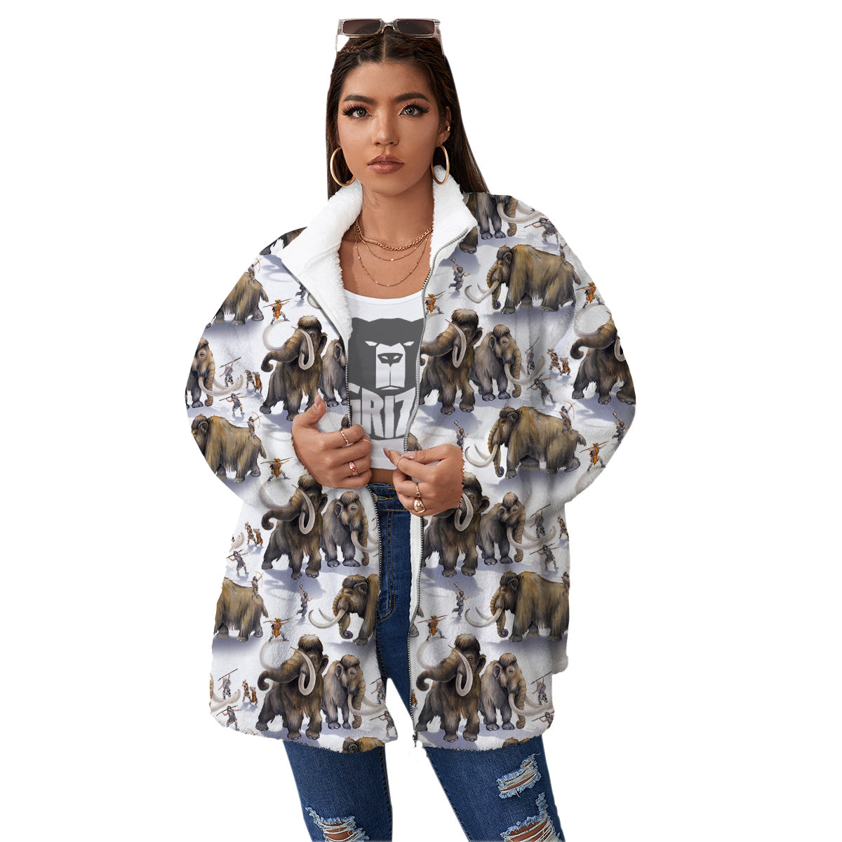 Hunting Mammoth Print Pattern Women's Sherpa Jacket-grizzshop