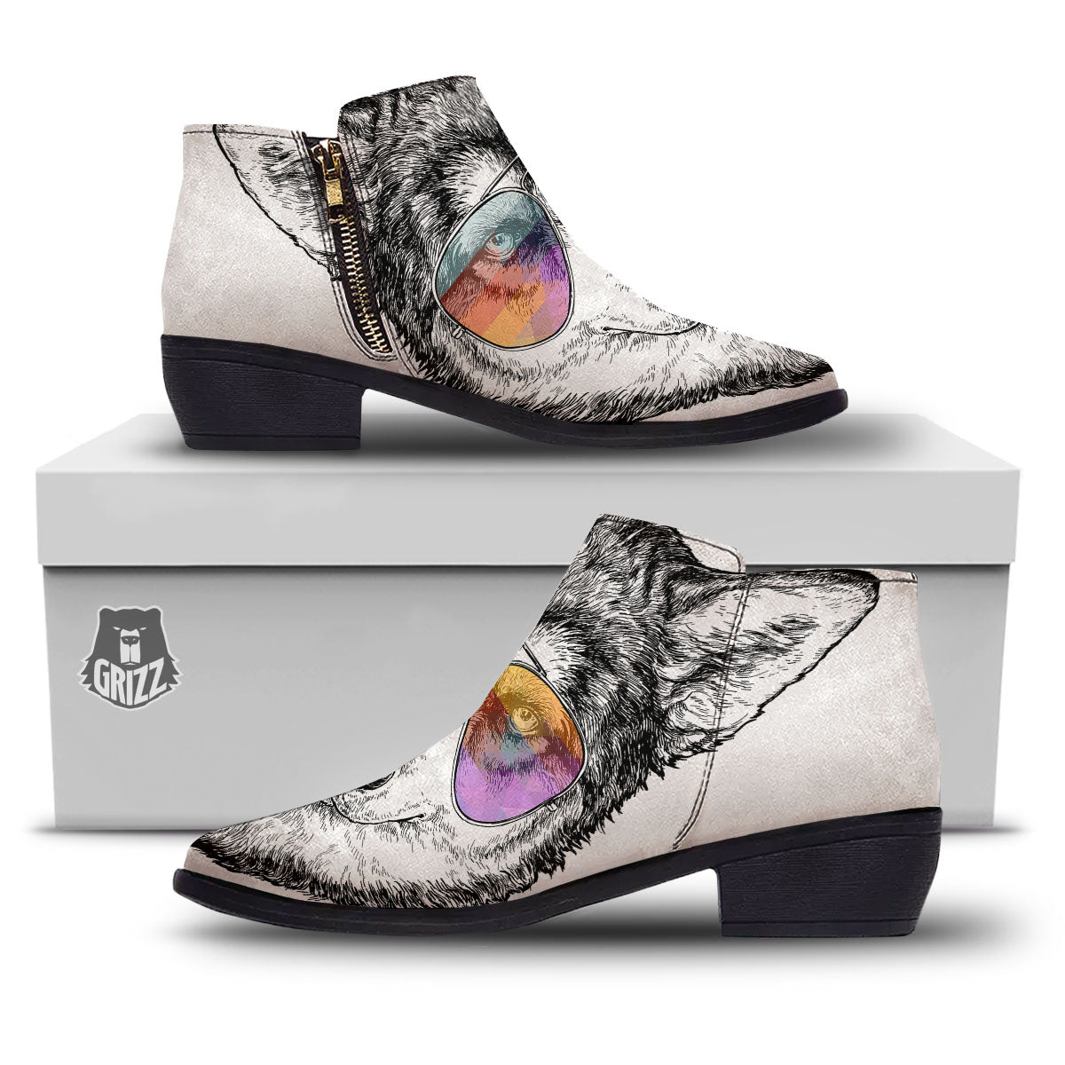 Husky Hippie Siberian Print Ankle Boots-grizzshop