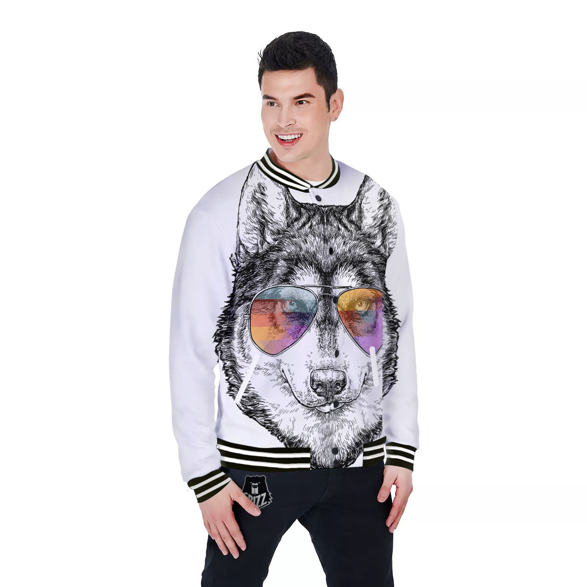 Husky Hippie Siberian Print Baseball Jacket-grizzshop