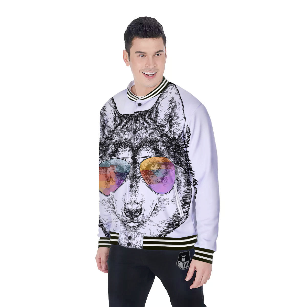 Husky Hippie Siberian Print Baseball Jacket-grizzshop