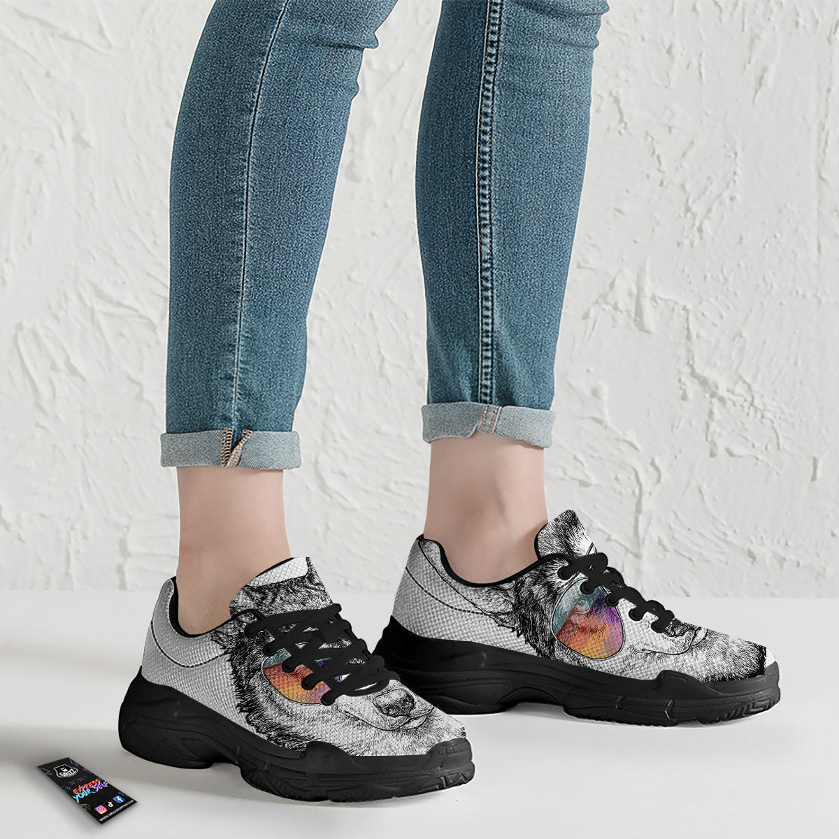 Husky Hippie Siberian Print Black Chunky Shoes-grizzshop