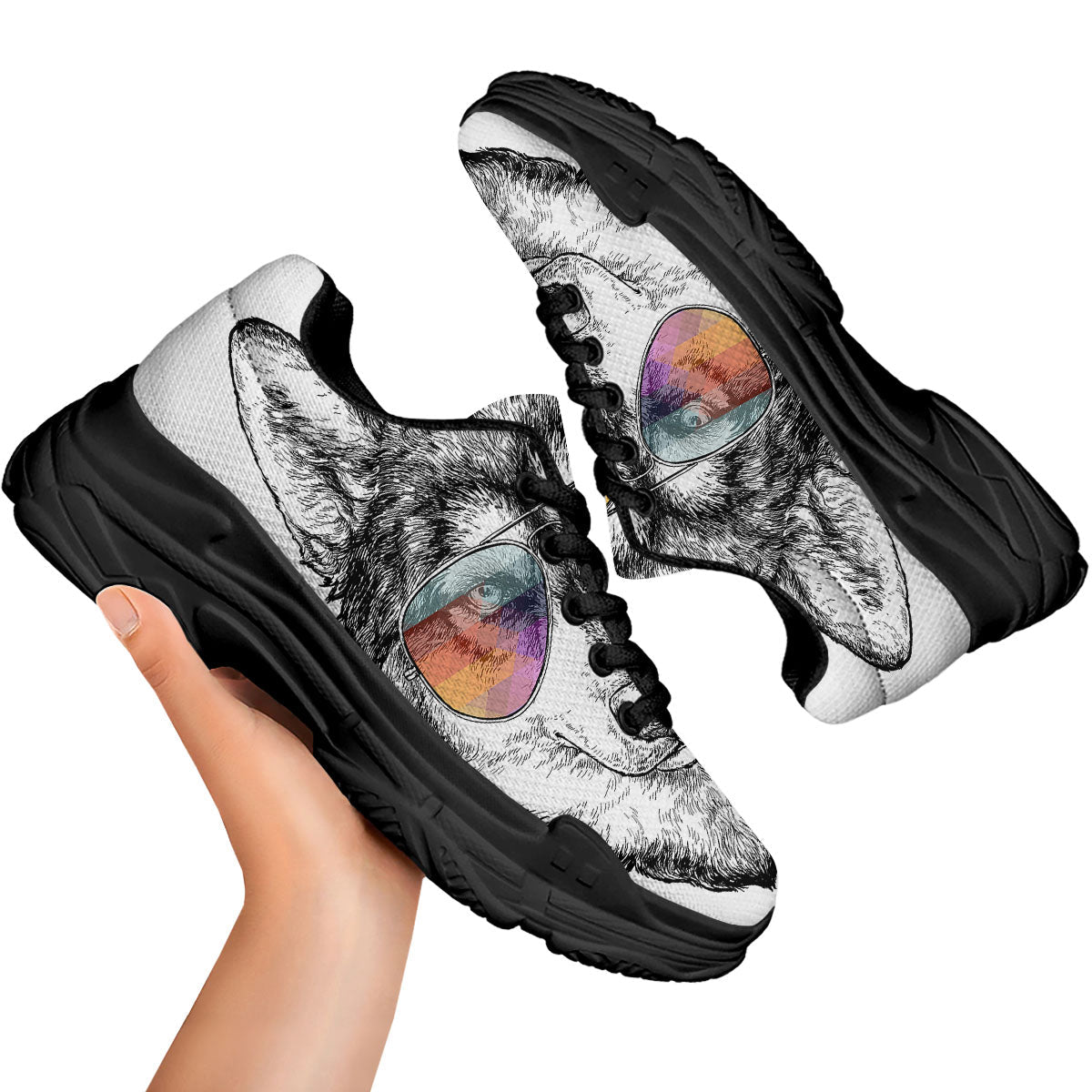 Husky Hippie Siberian Print Black Chunky Shoes-grizzshop
