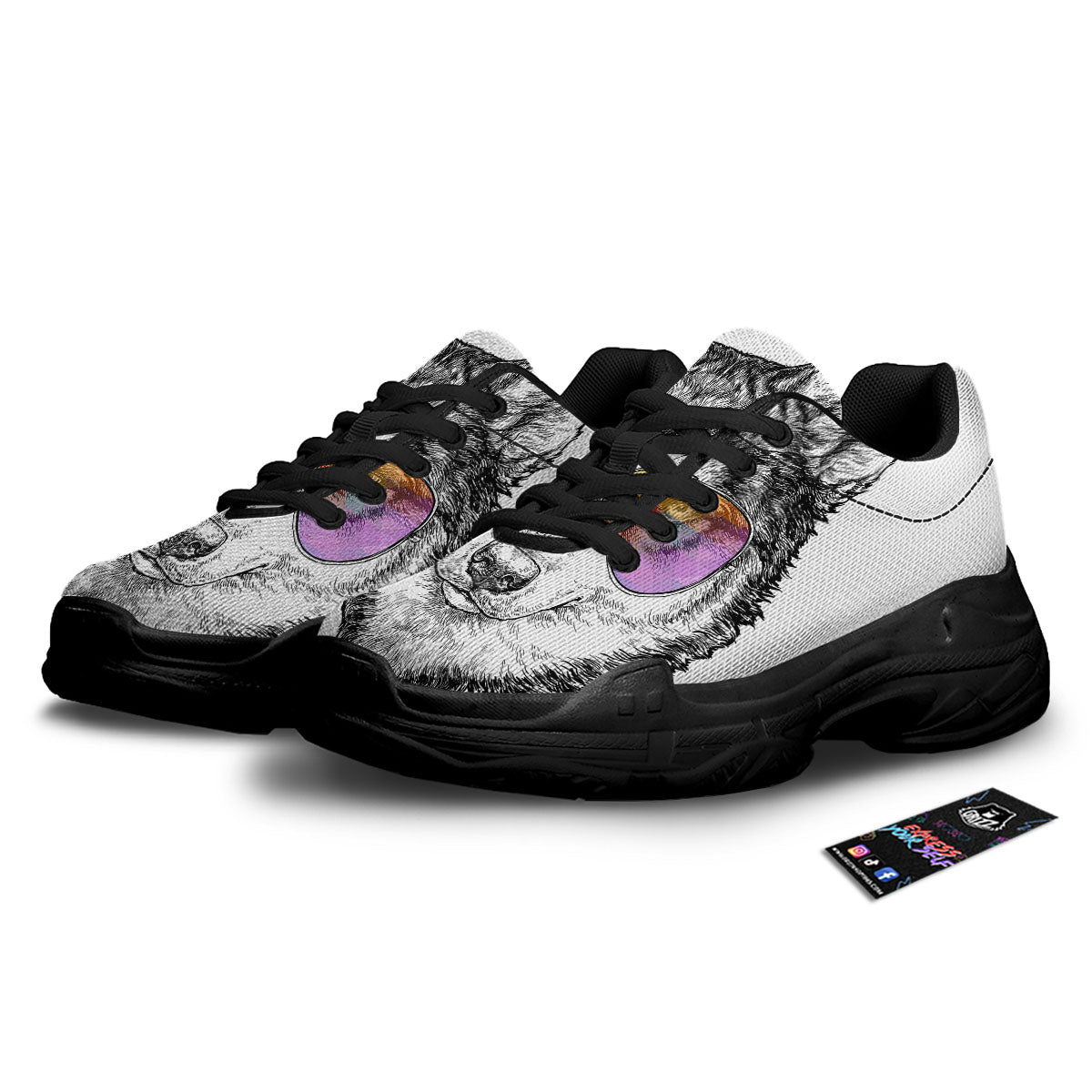 Husky Hippie Siberian Print Black Chunky Shoes-grizzshop