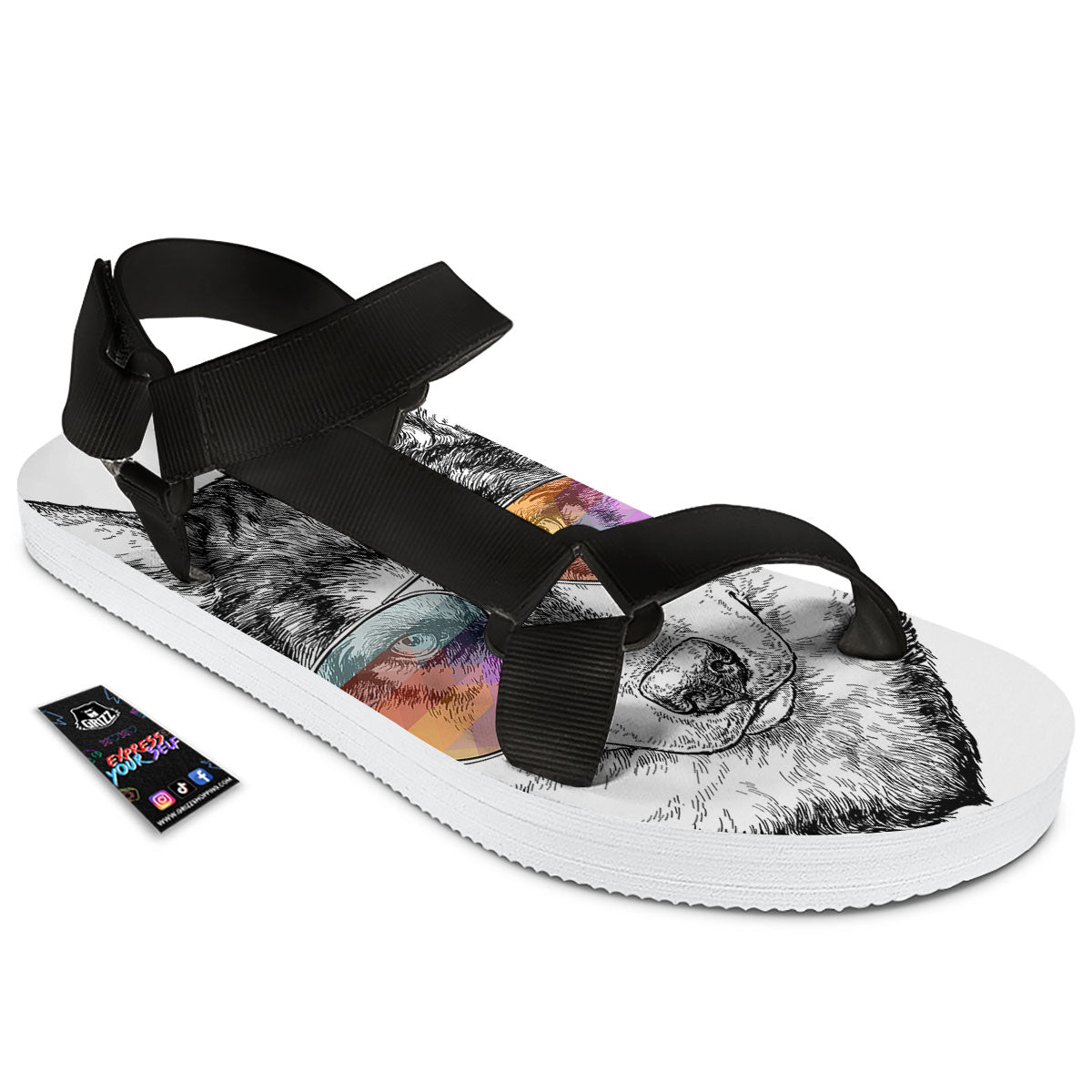 Husky Hippie Siberian Print Black Open Toe Sandals-grizzshop