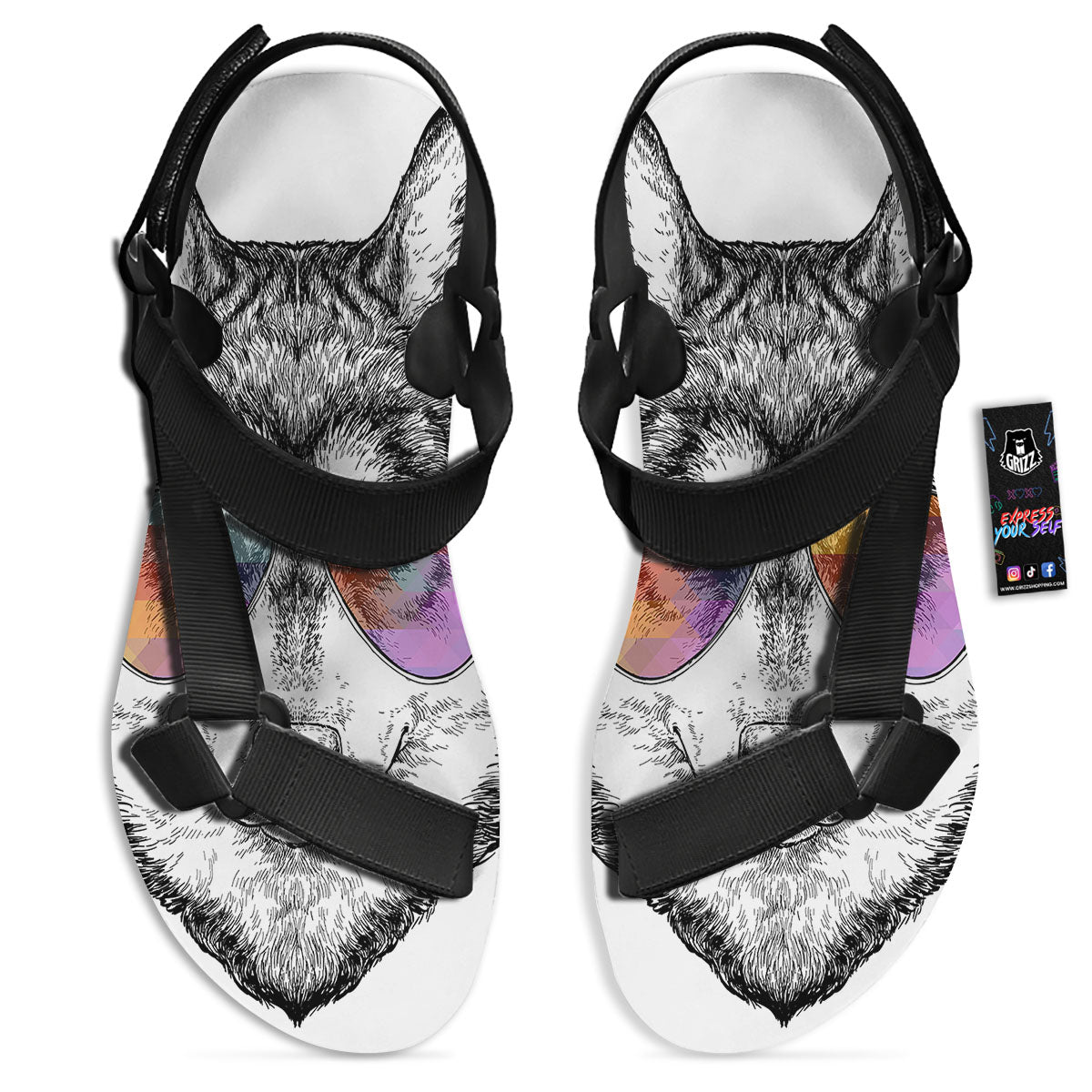 Husky Hippie Siberian Print Black Open Toe Sandals-grizzshop