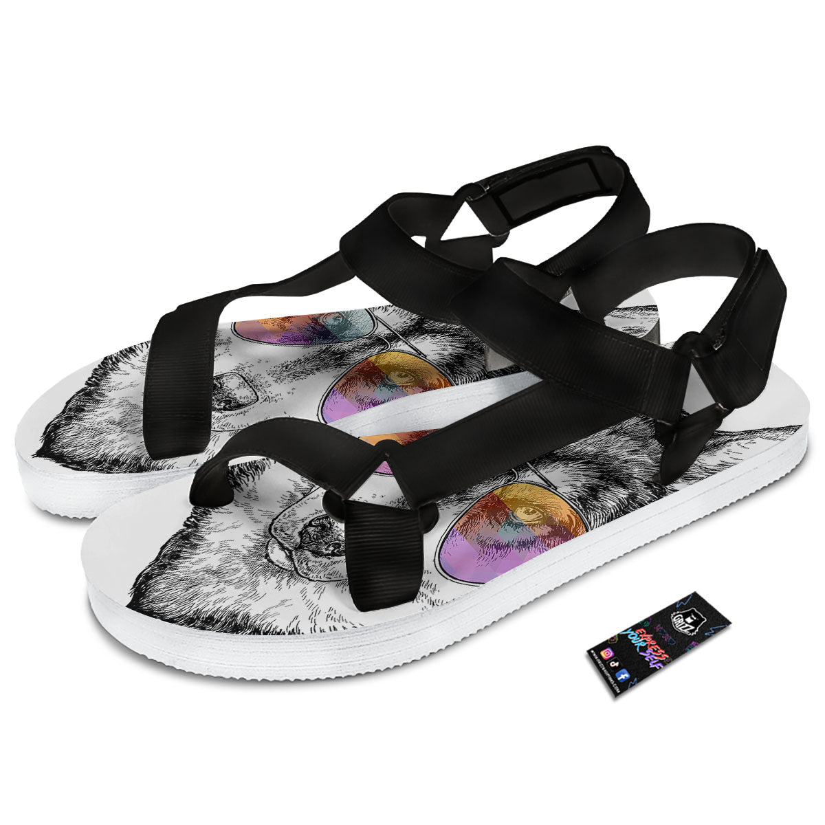 Husky Hippie Siberian Print Black Open Toe Sandals-grizzshop