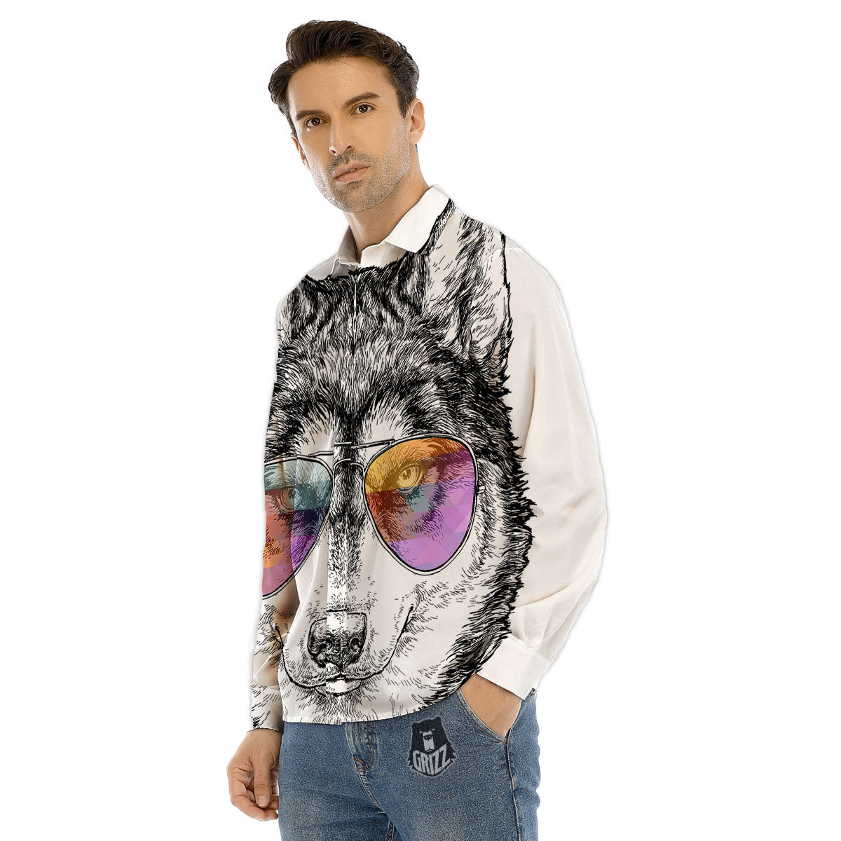 Husky Hippie Siberian Print Men's Dress Shirts-grizzshop