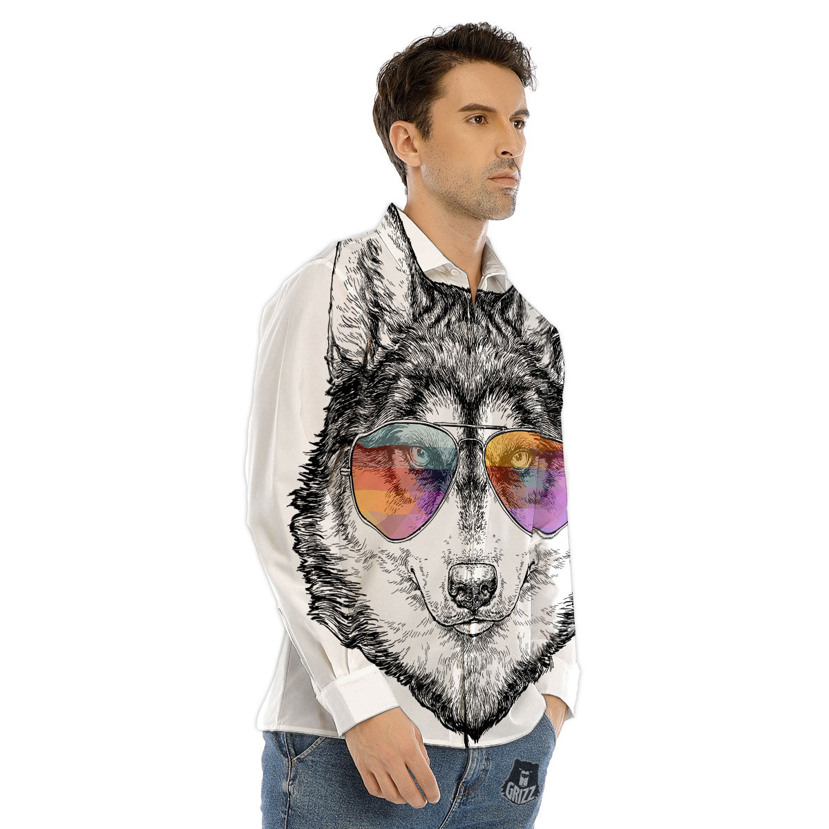 Husky Hippie Siberian Print Men's Dress Shirts-grizzshop