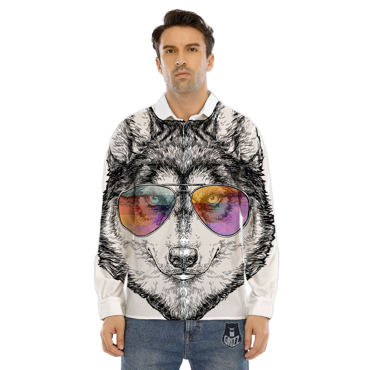 Husky Hippie Siberian Print Men's Dress Shirts-grizzshop