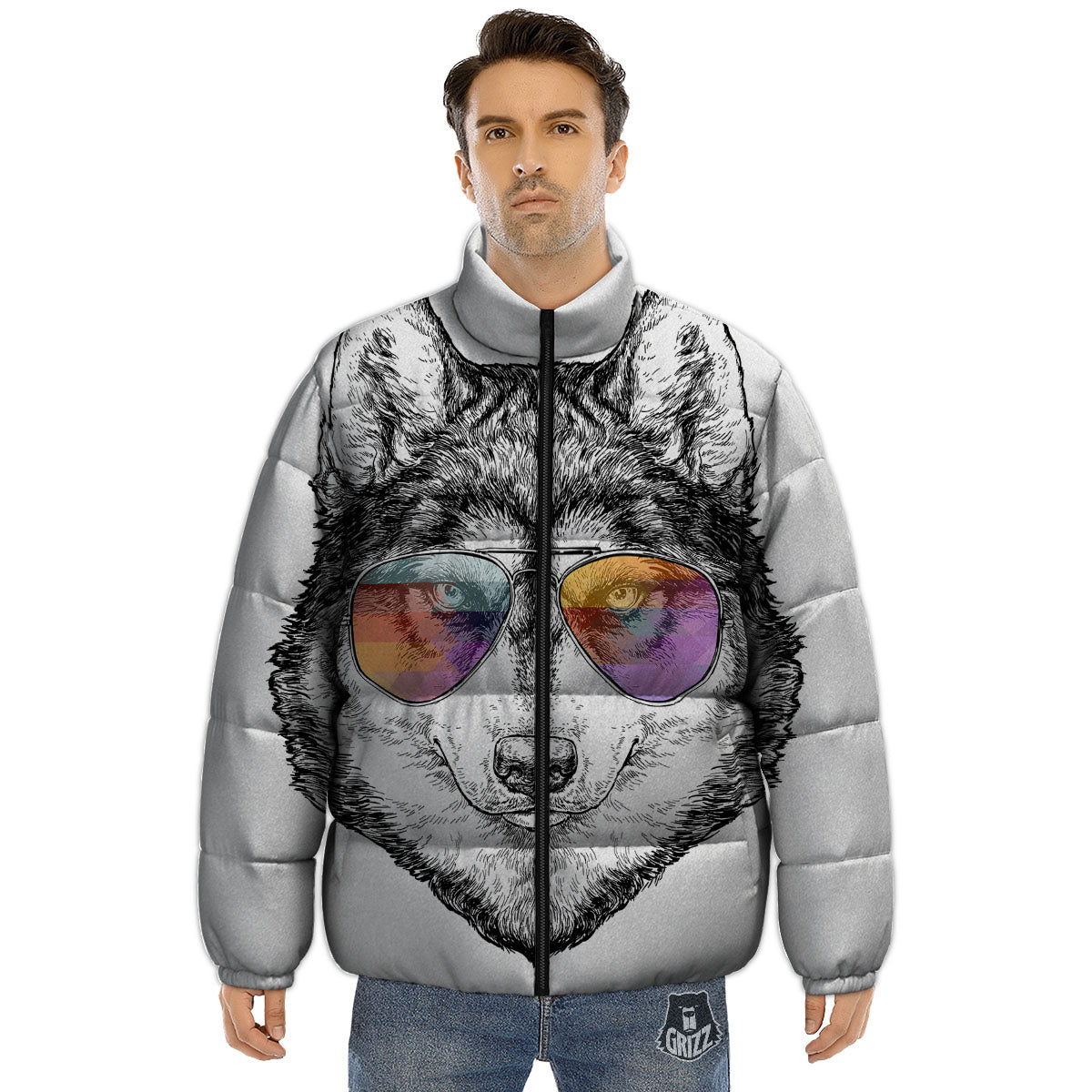 Husky Hippie Siberian Print Puffer Jacket-grizzshop