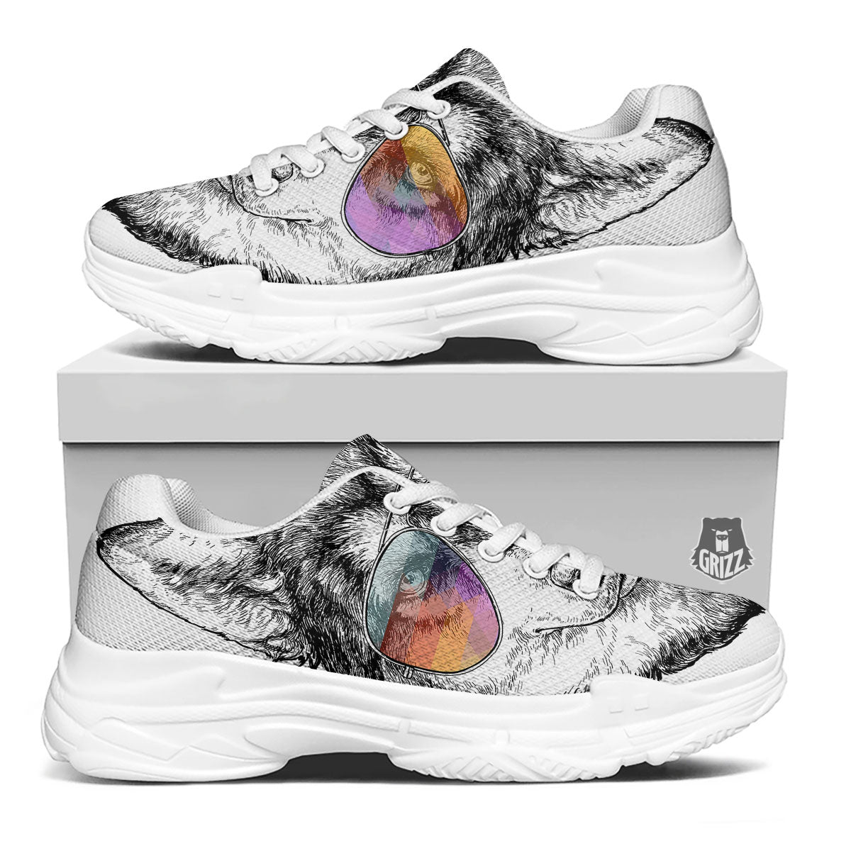 Husky Hippie Siberian Print White Chunky Shoes-grizzshop