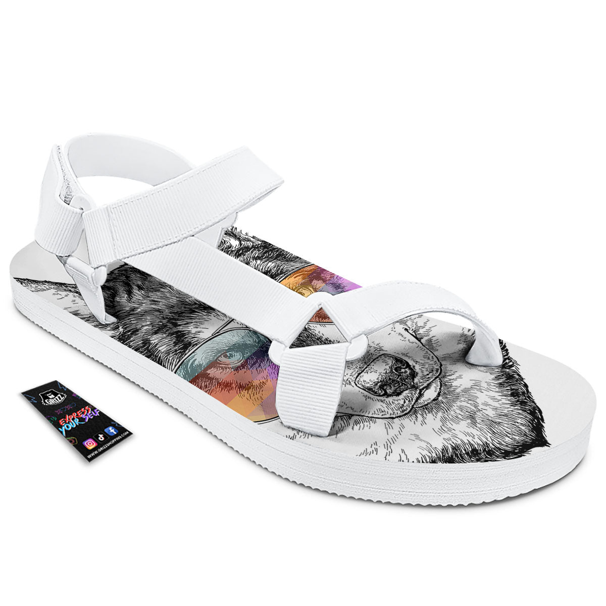 Husky Hippie Siberian Print White Open Toe Sandals-grizzshop