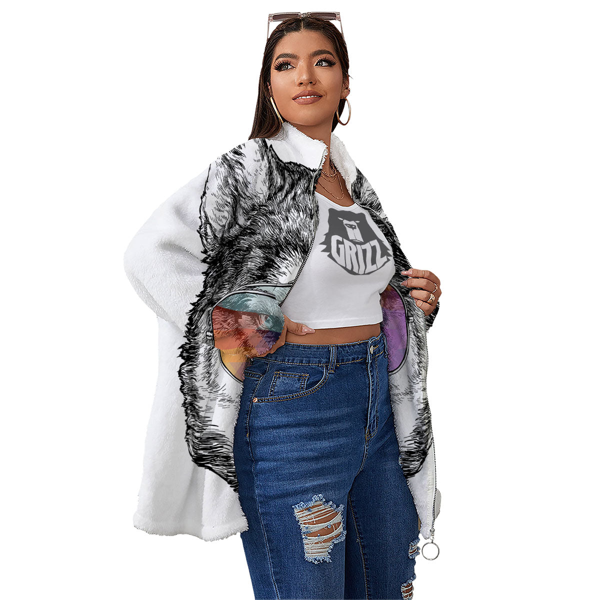 Husky Hippie Siberian Print Women's Sherpa Jacket-grizzshop