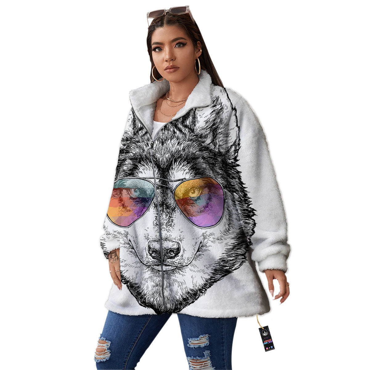 Husky Hippie Siberian Print Women's Sherpa Jacket-grizzshop
