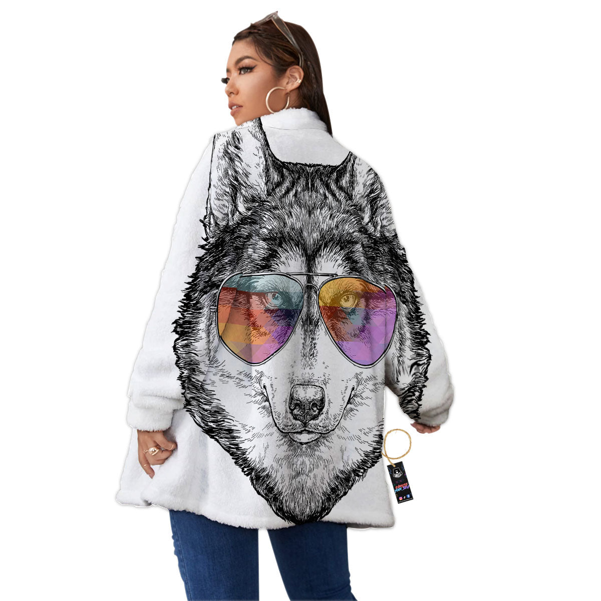 Husky Hippie Siberian Print Women's Sherpa Jacket-grizzshop