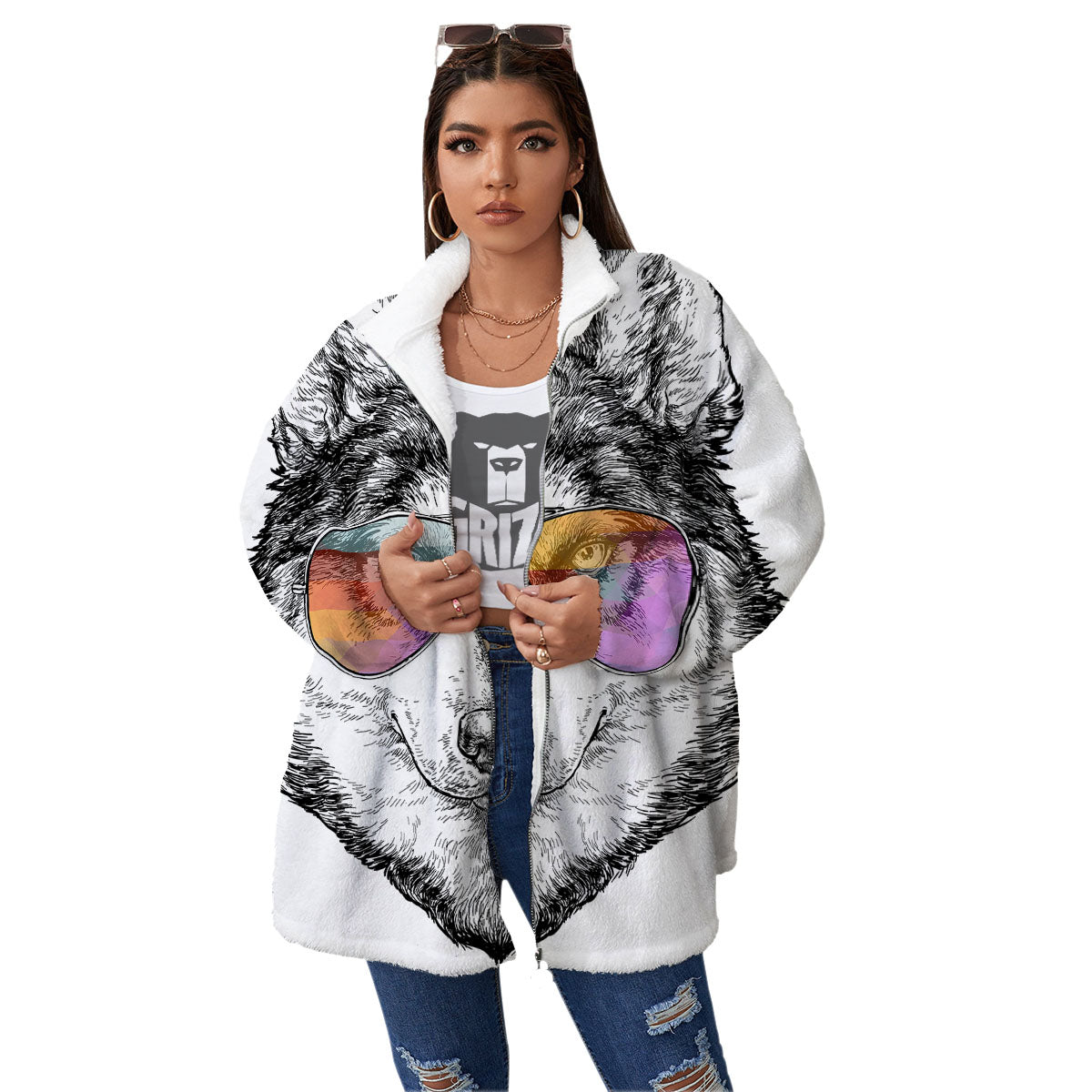 Husky Hippie Siberian Print Women's Sherpa Jacket-grizzshop