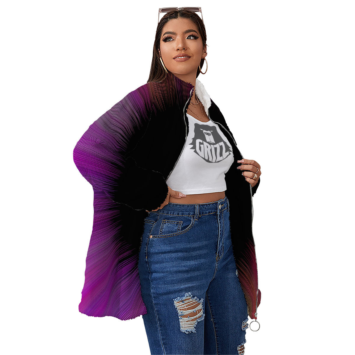 Hyperspace Purple Print Women's Sherpa Jacket-grizzshop