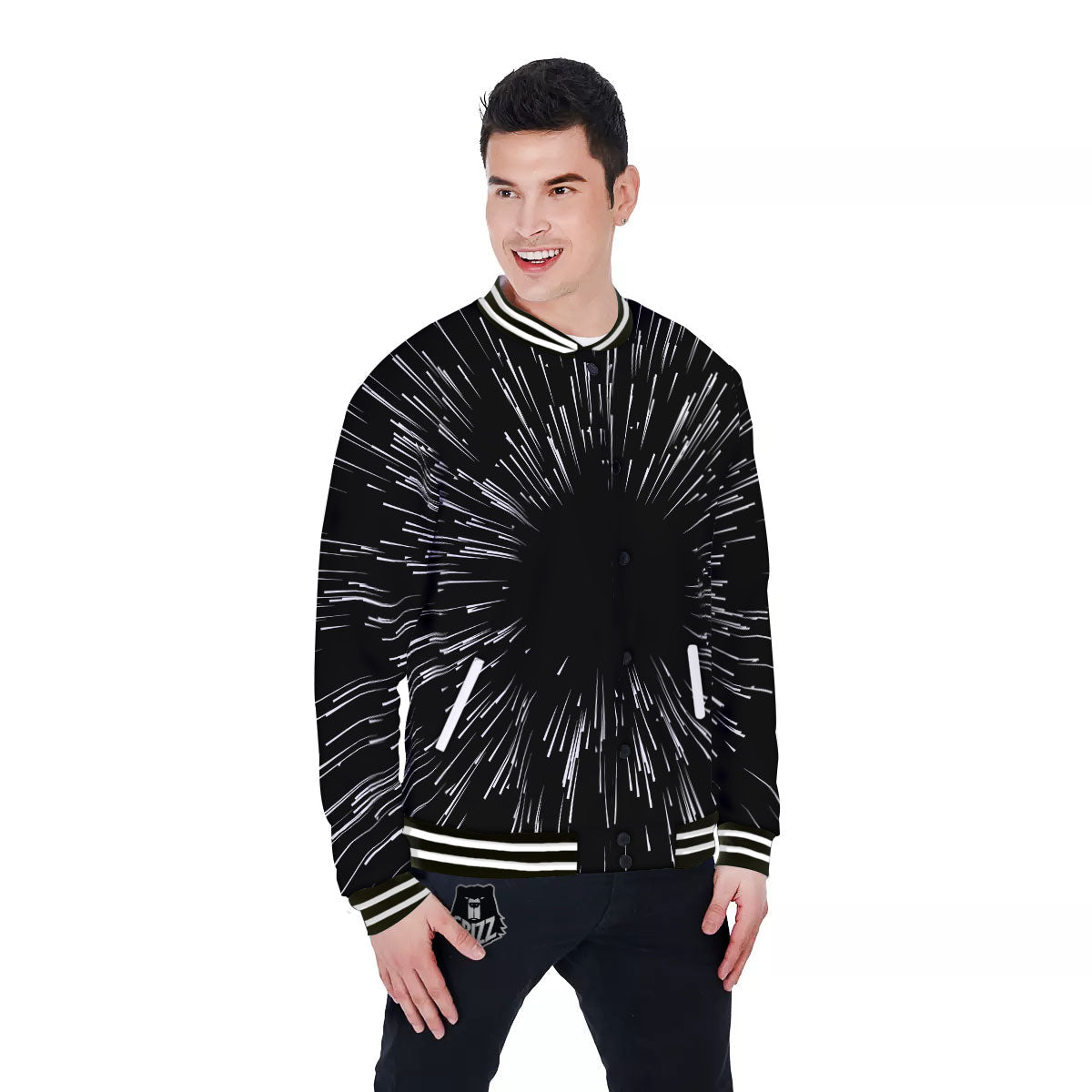 Hyperspace White And Black Print Baseball Jacket-grizzshop