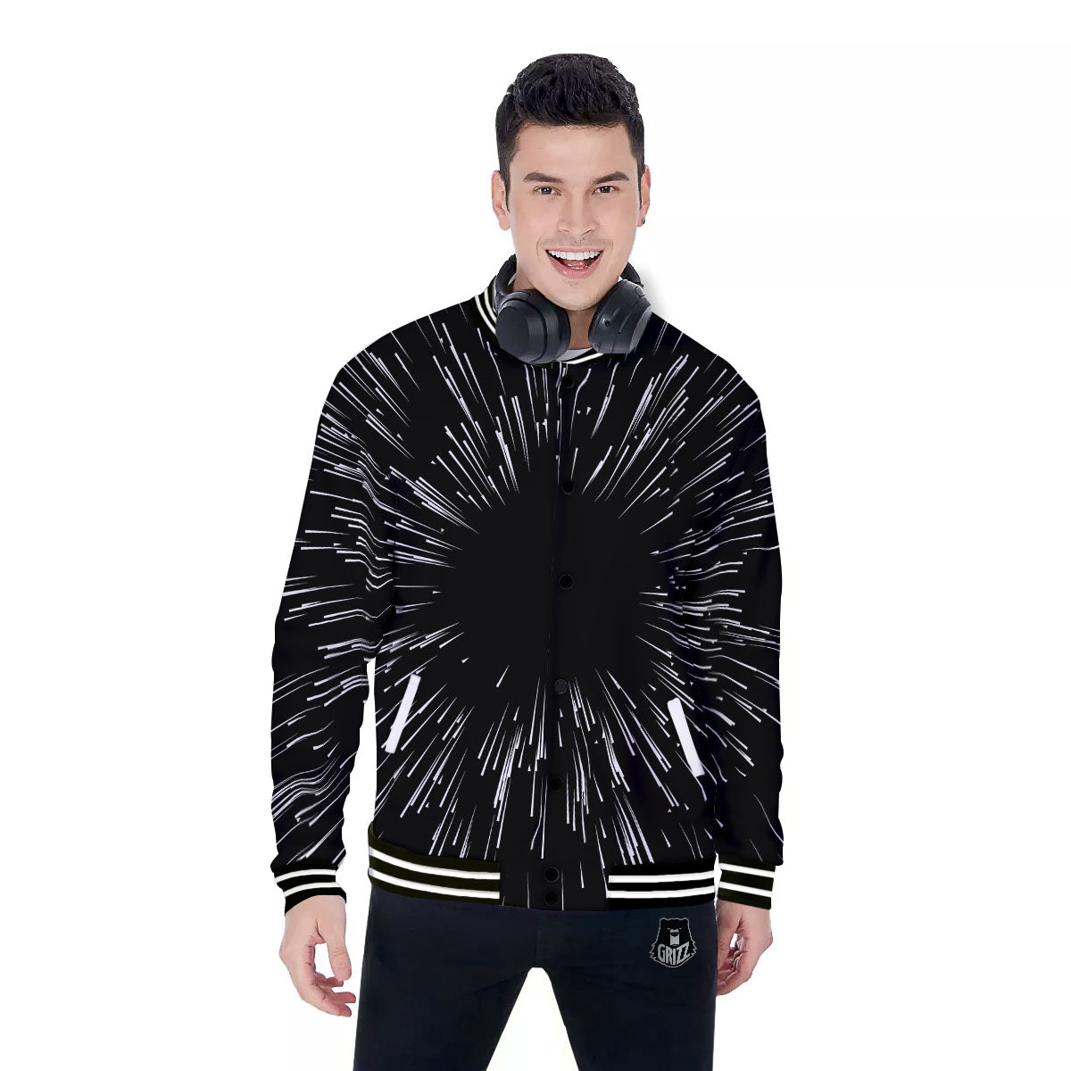 Hyperspace White And Black Print Baseball Jacket-grizzshop
