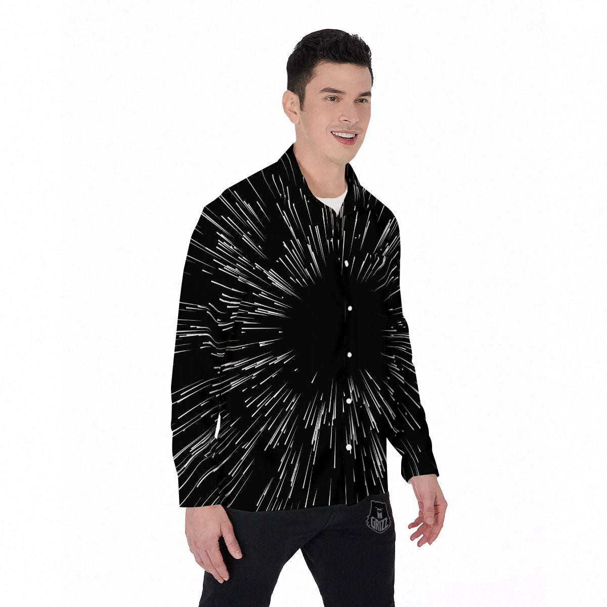 Hyperspace White And Black Print Men's Long Sleeve Shirts-grizzshop
