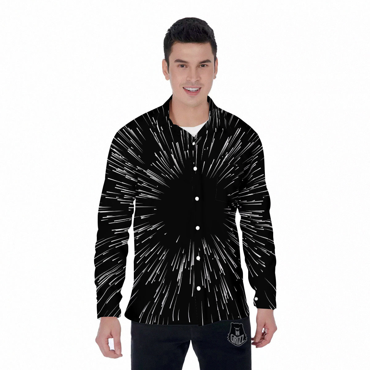 Hyperspace White And Black Print Men's Long Sleeve Shirts-grizzshop