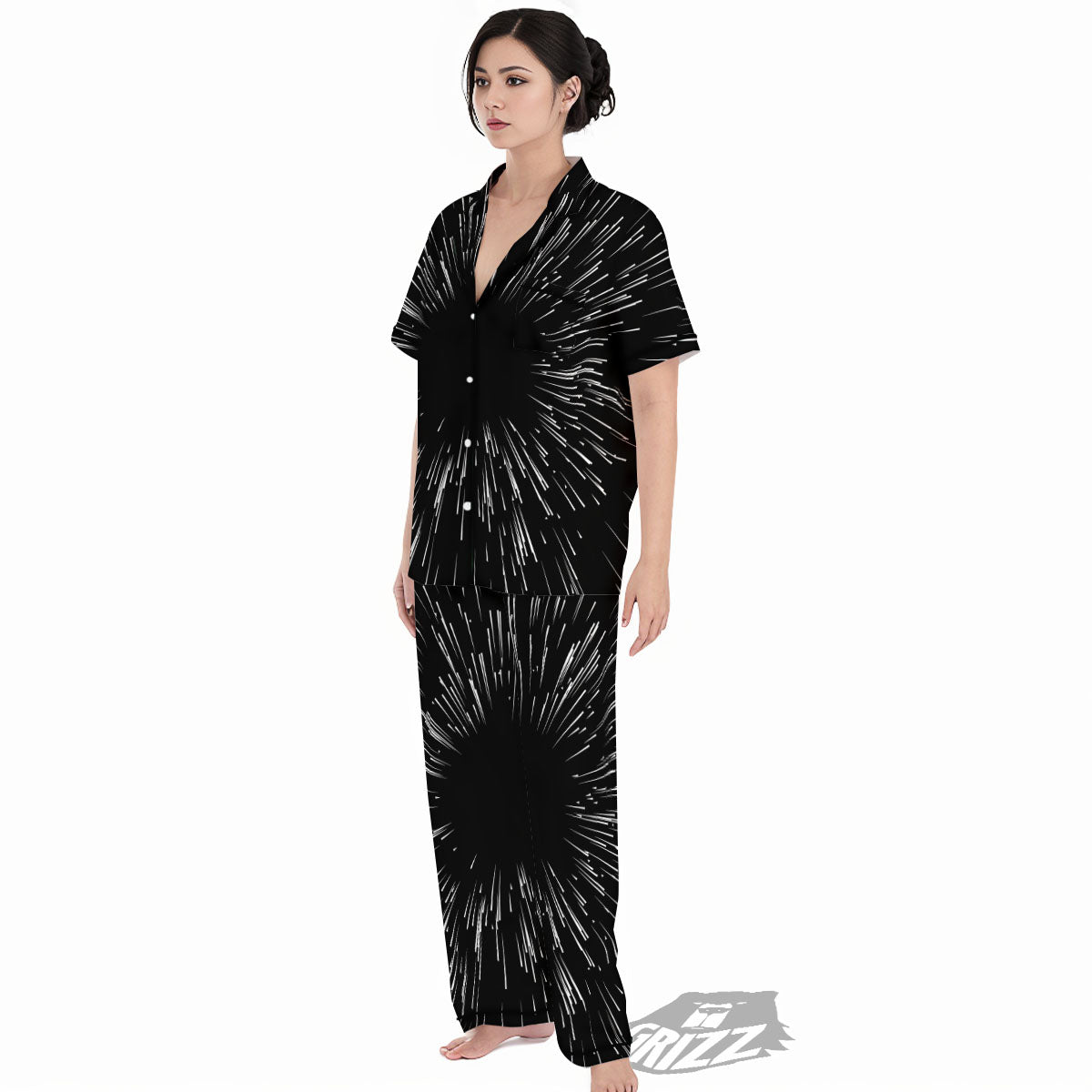 Hyperspace White And Black Print Women's Pajamas Set-grizzshop